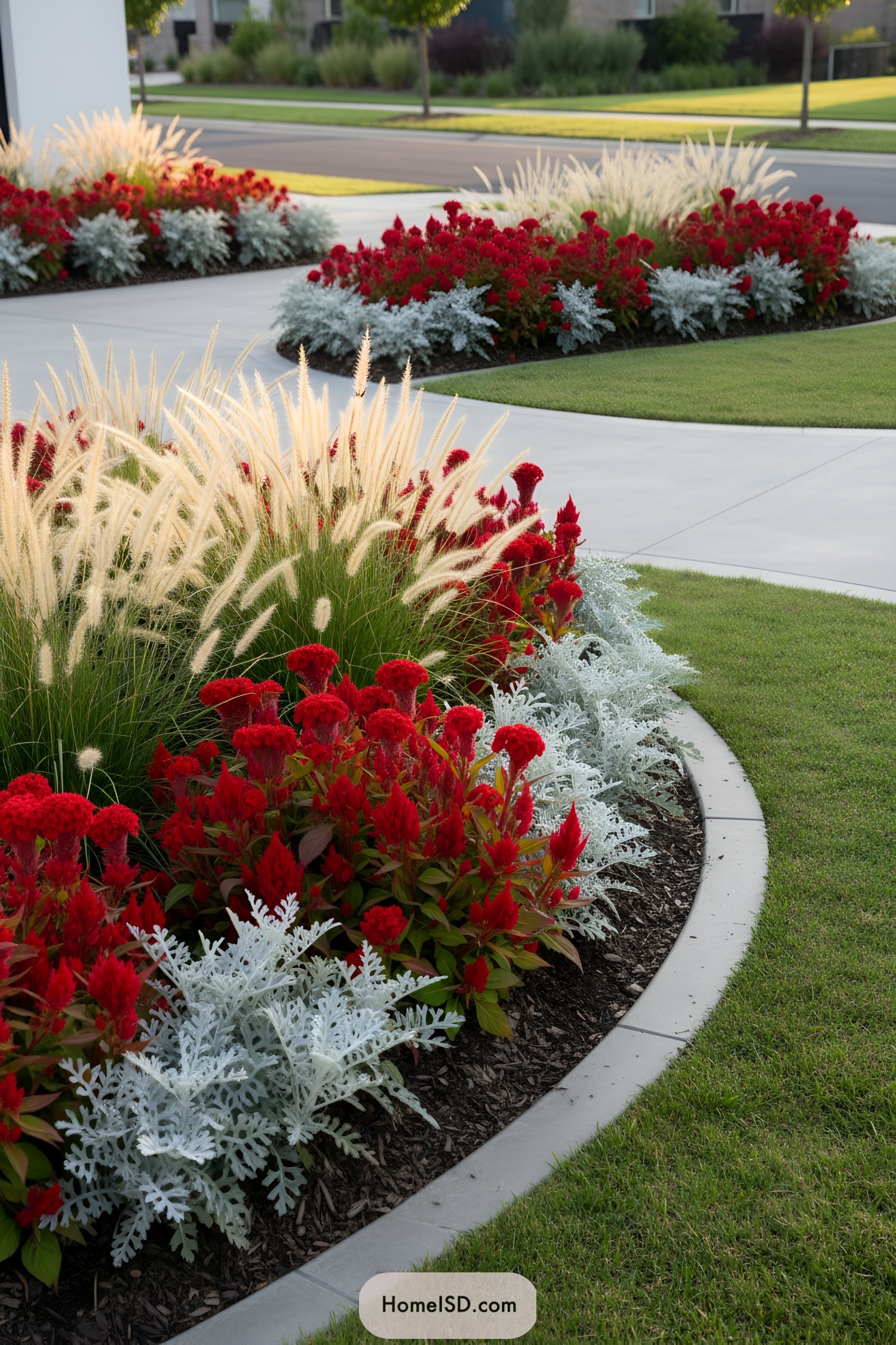 Curved front yard bed with red flowers and ornamental grasses