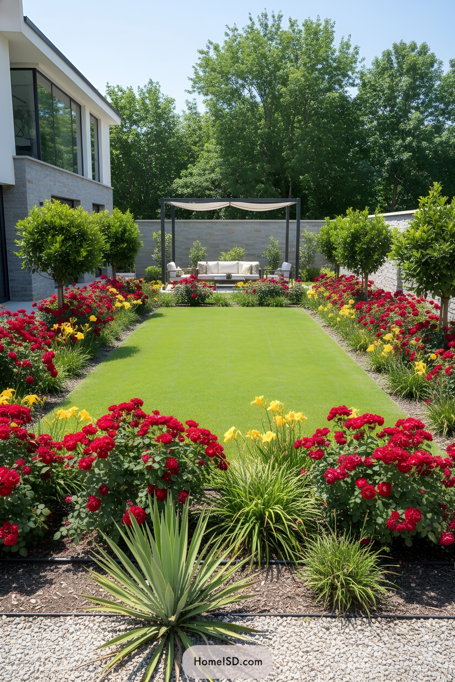 Rectangular lawn framed by red and yellow flower borders leading to a modern pergola seating area