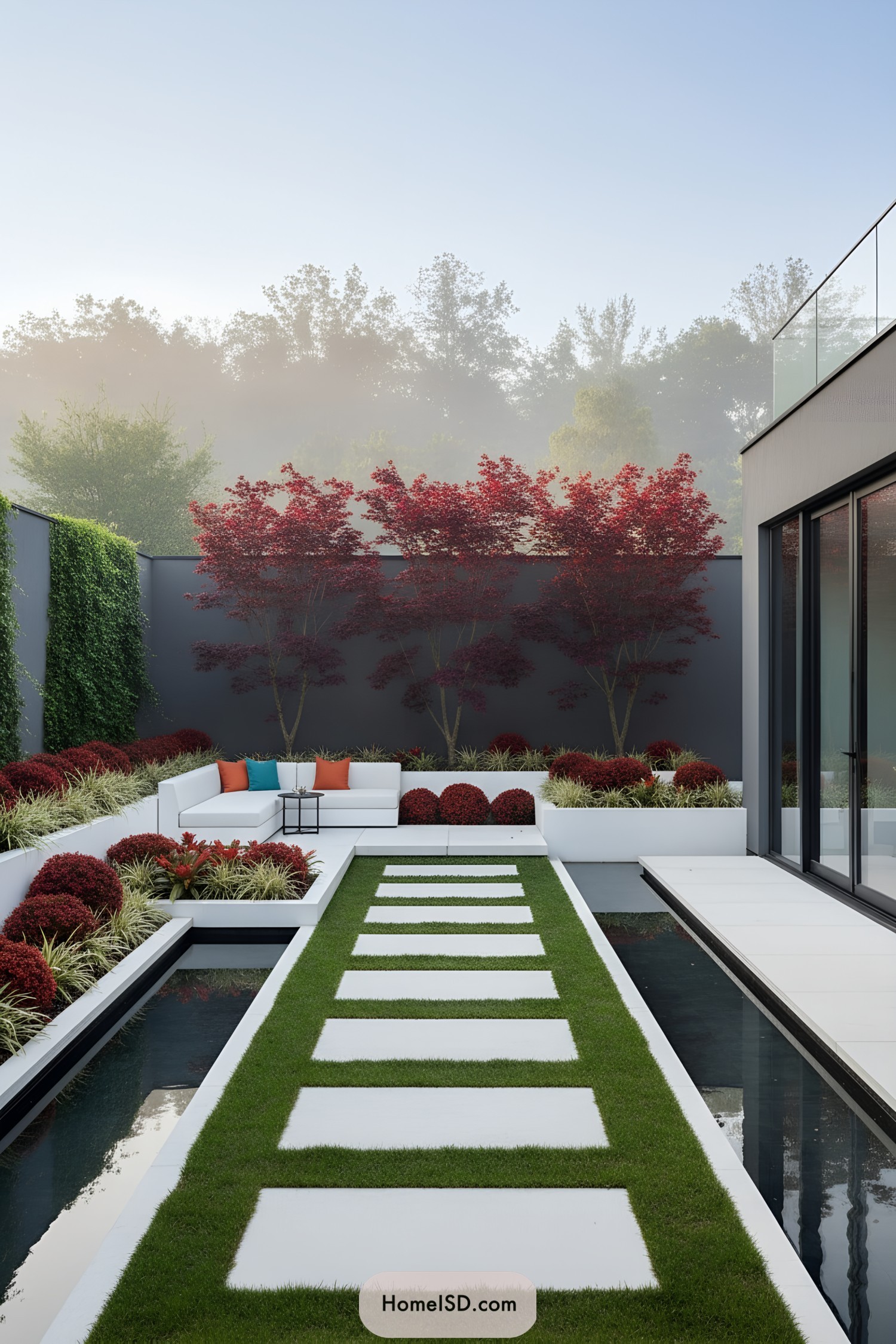 Modern courtyard with red trees sculpted shrubs and a grass walkway over reflecting pools