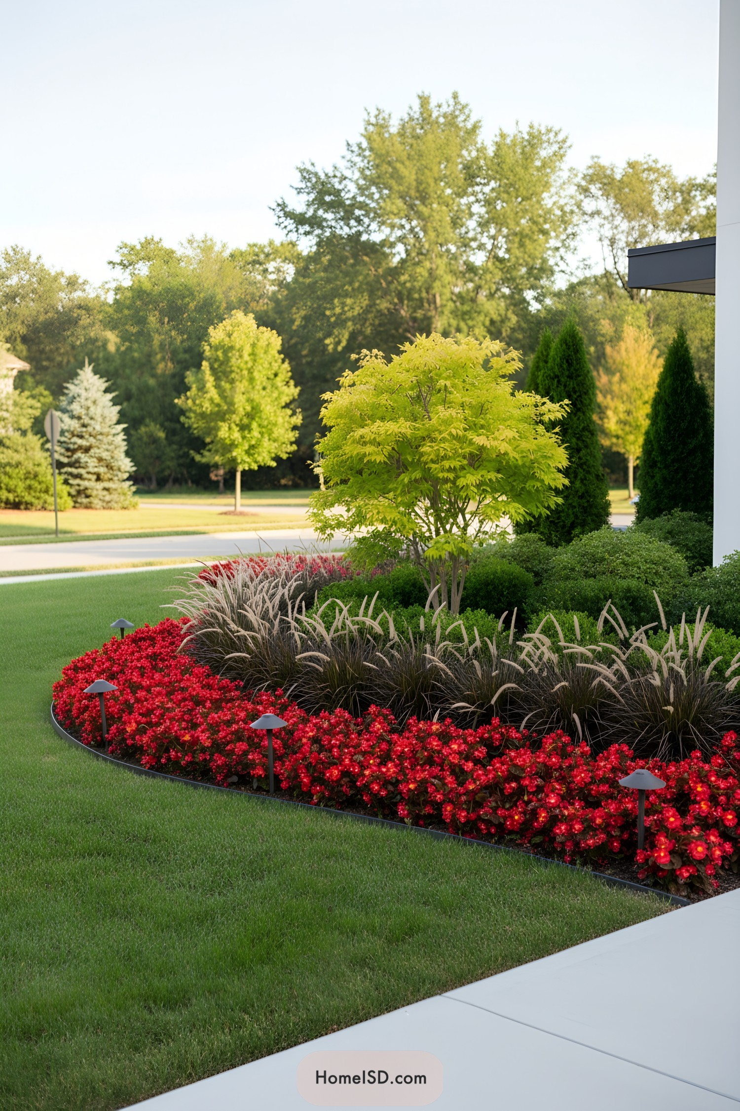 Curved bed of red flowers with ornamental grasses and a small golden tree beside a modern walkway