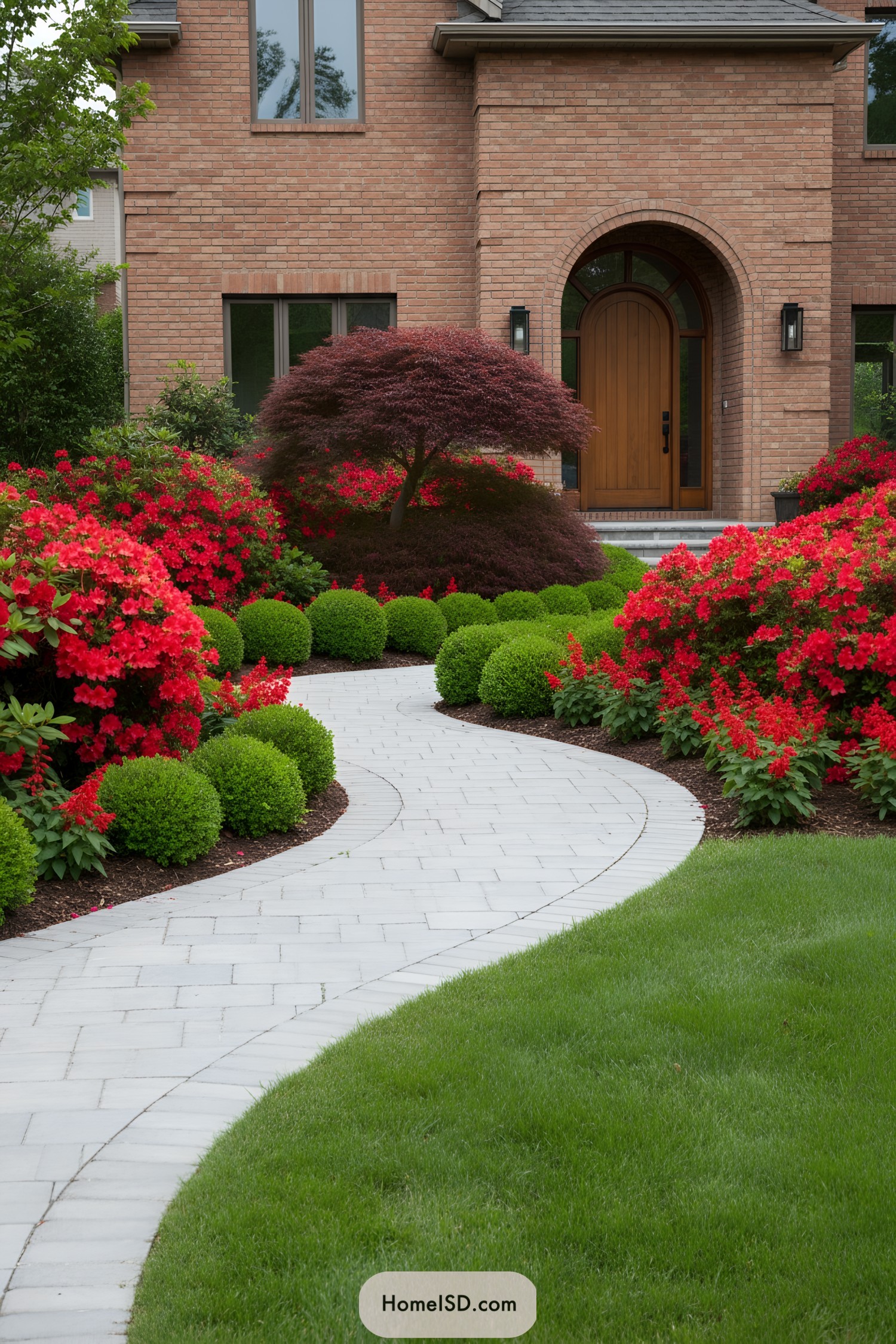 Curved stone path flanked by red shrubs