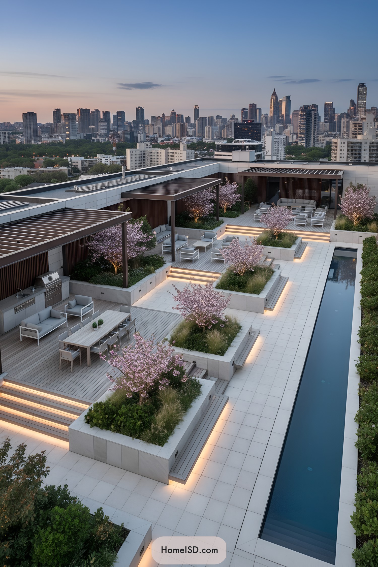 Modern rooftop terrace with pergolas planters pool
