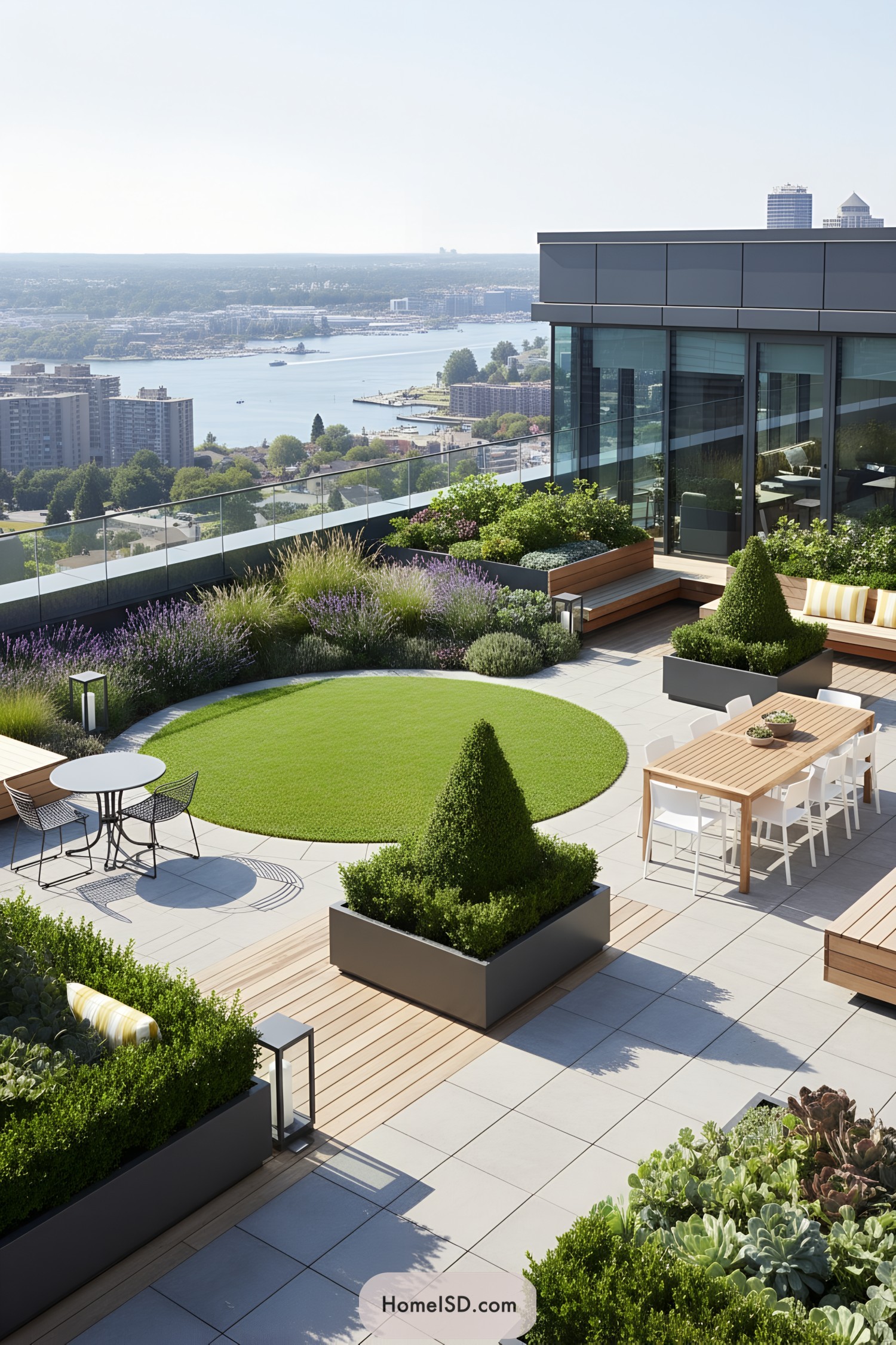 Modern rooftop garden with circular lawn, planters, dining area, and city water views
