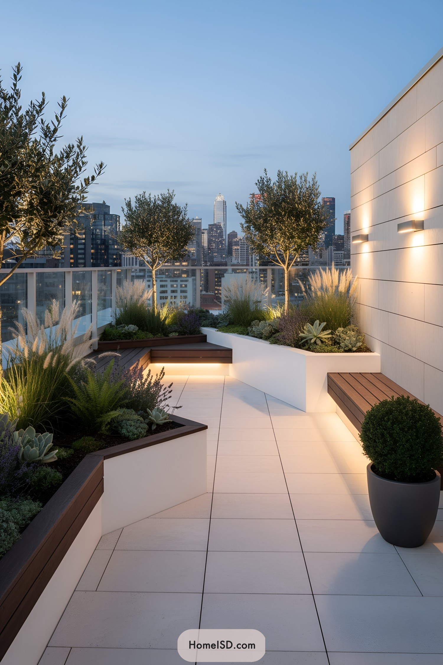Modern rooftop walkway with lit planters and benches