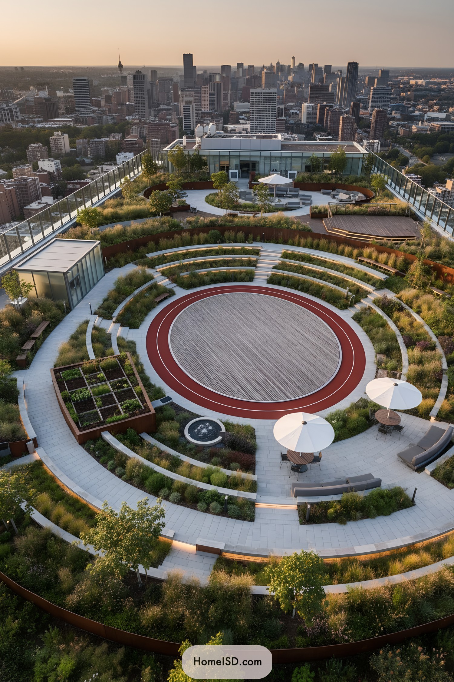 Terraced rooftop garden with circular central deck