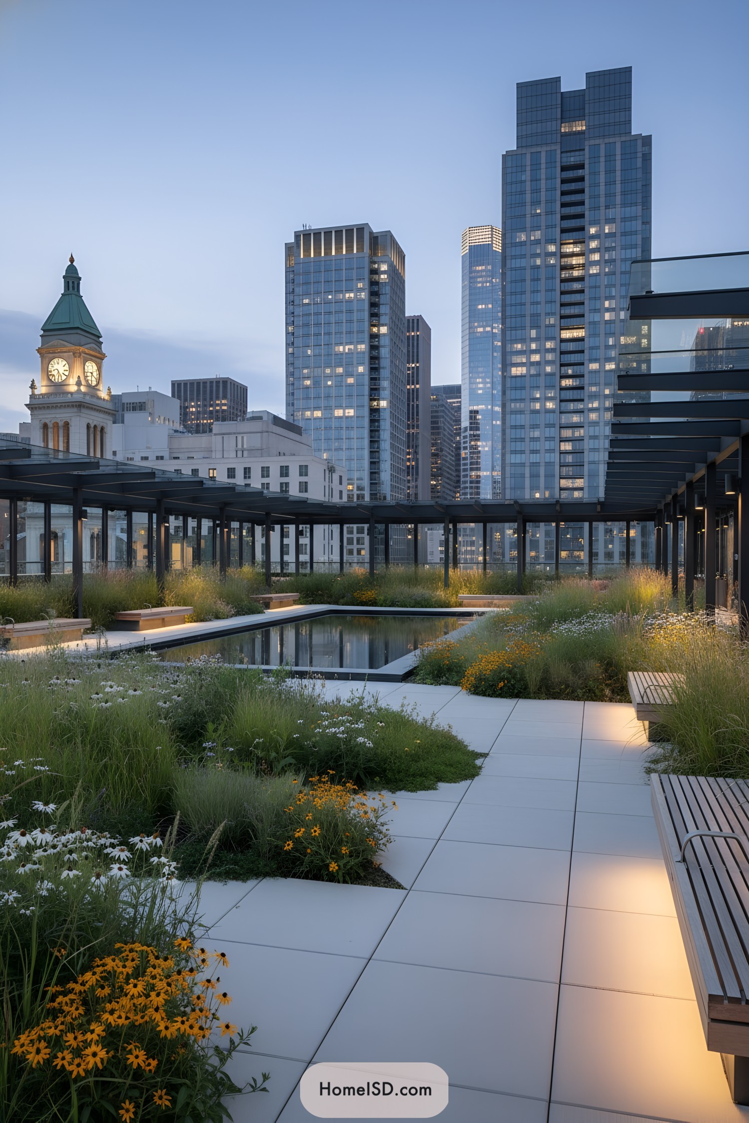 Modern rooftop garden with reflecting pool and pergola