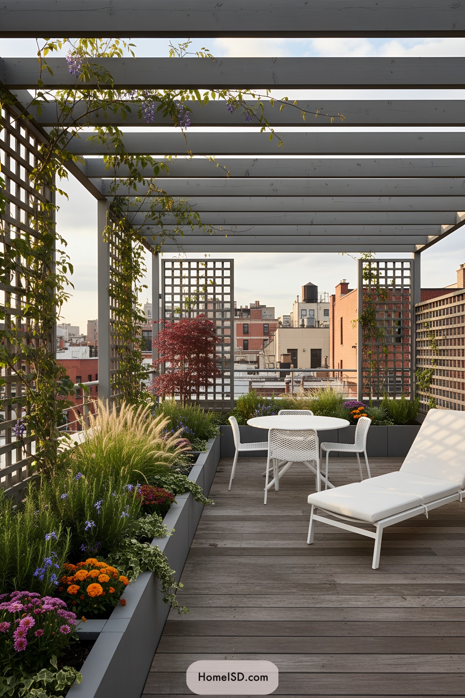 Modern pergola terrace with trellis and planters