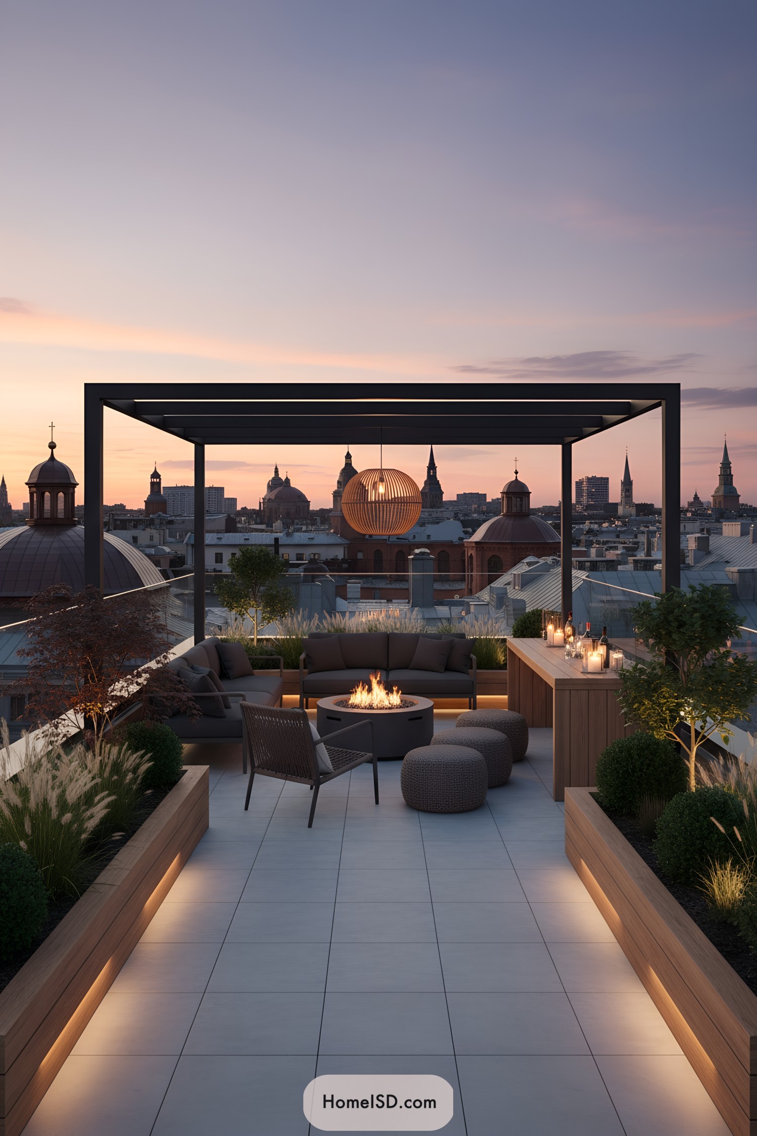 Modern rooftop lounge with pergola, fire pit, and skyline views at dusk