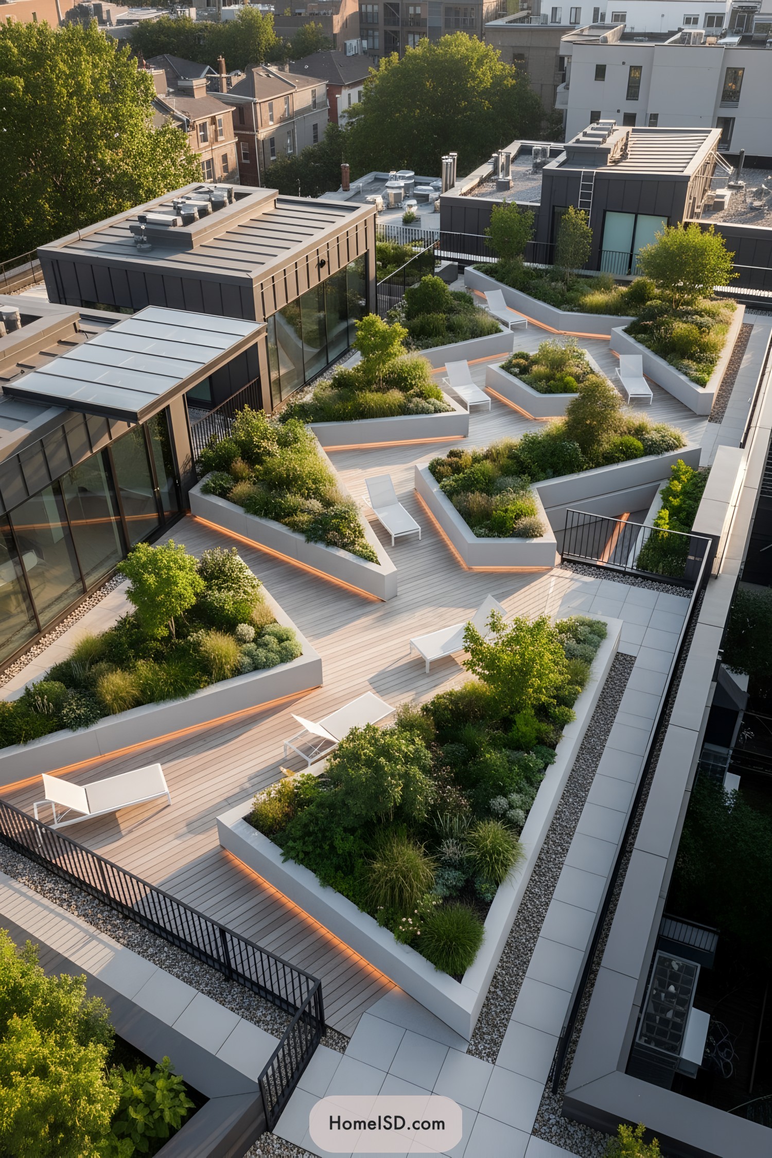 Modern rooftop garden with angular planters and lounge chairs