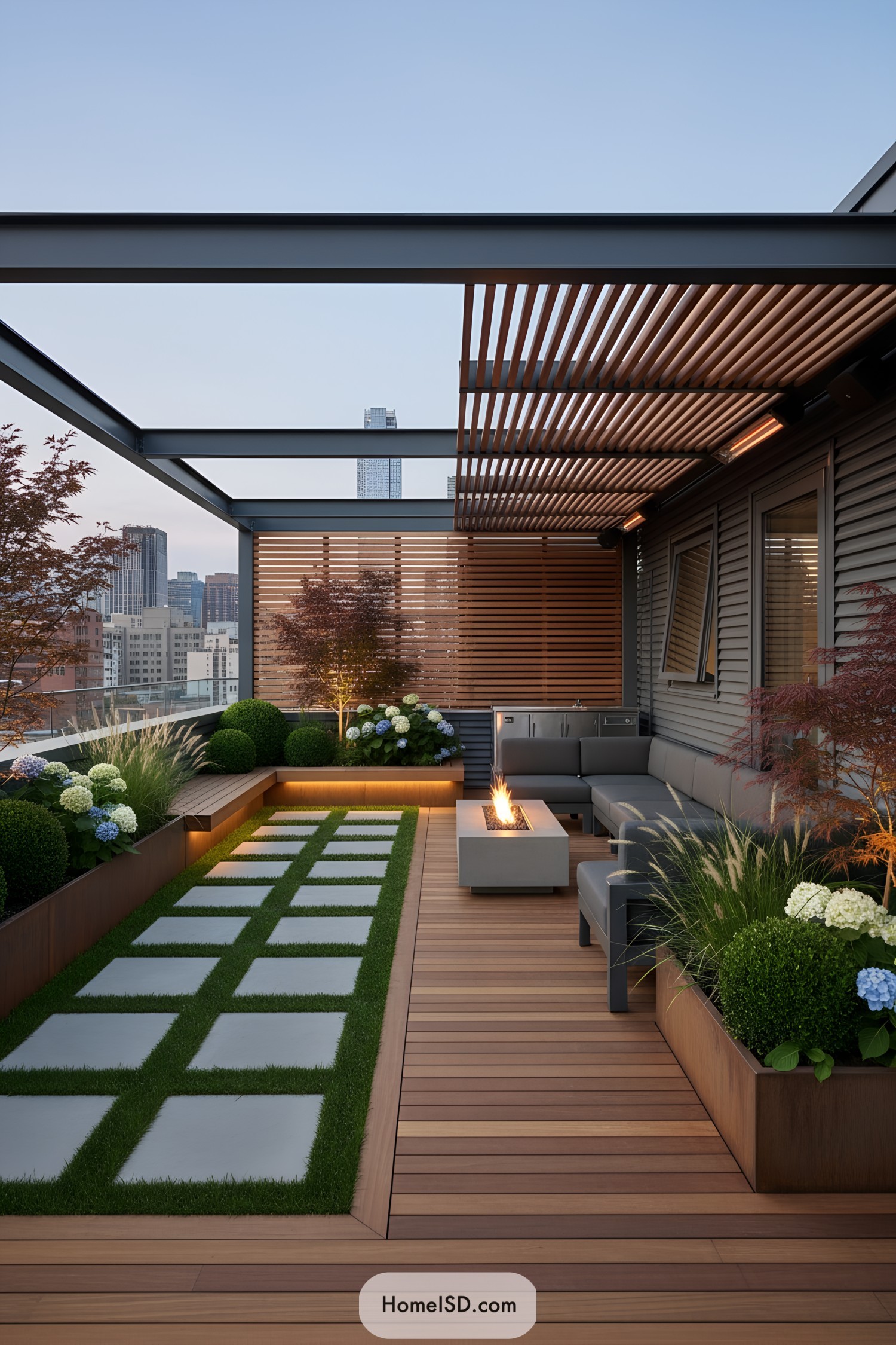 Modern rooftop lounge with slatted pergola fire pit seating and geometric stepping stones