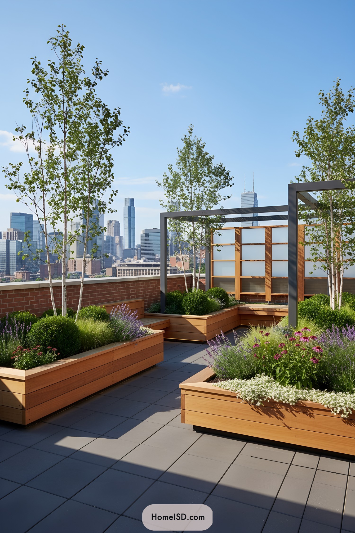 Modern rooftop with cedar planters trees and frosted screen