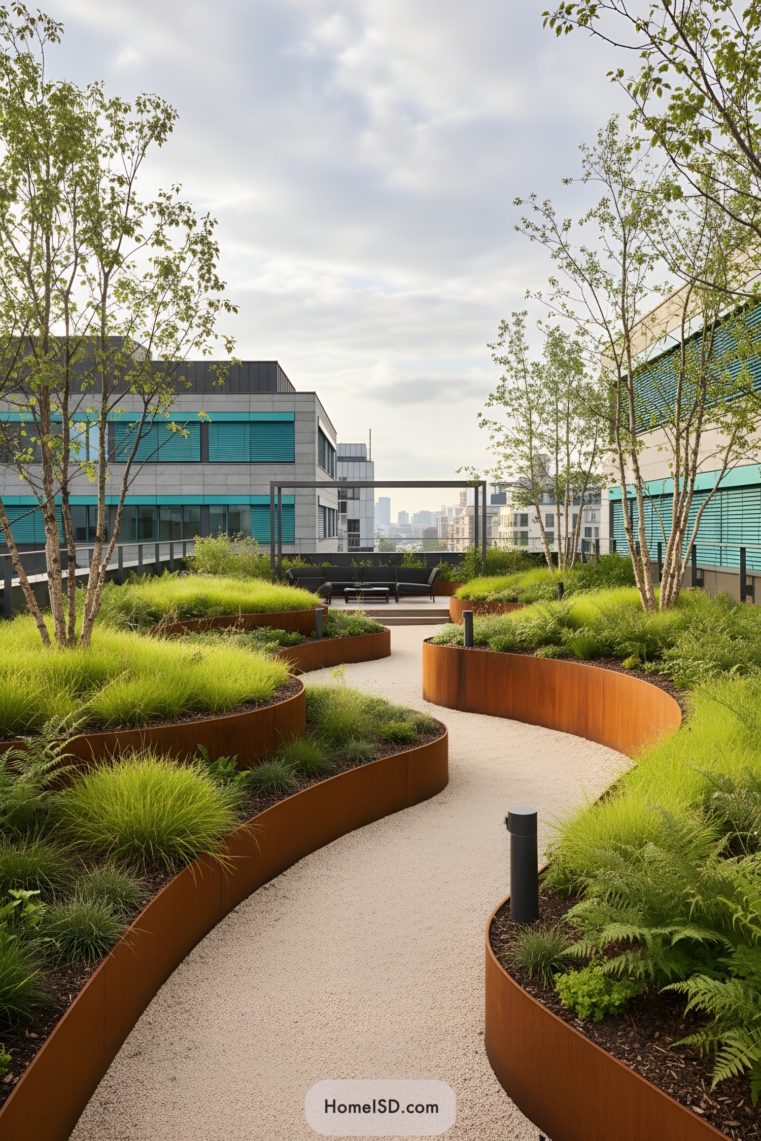 Curving gravel path through corten steel planters on a rooftop