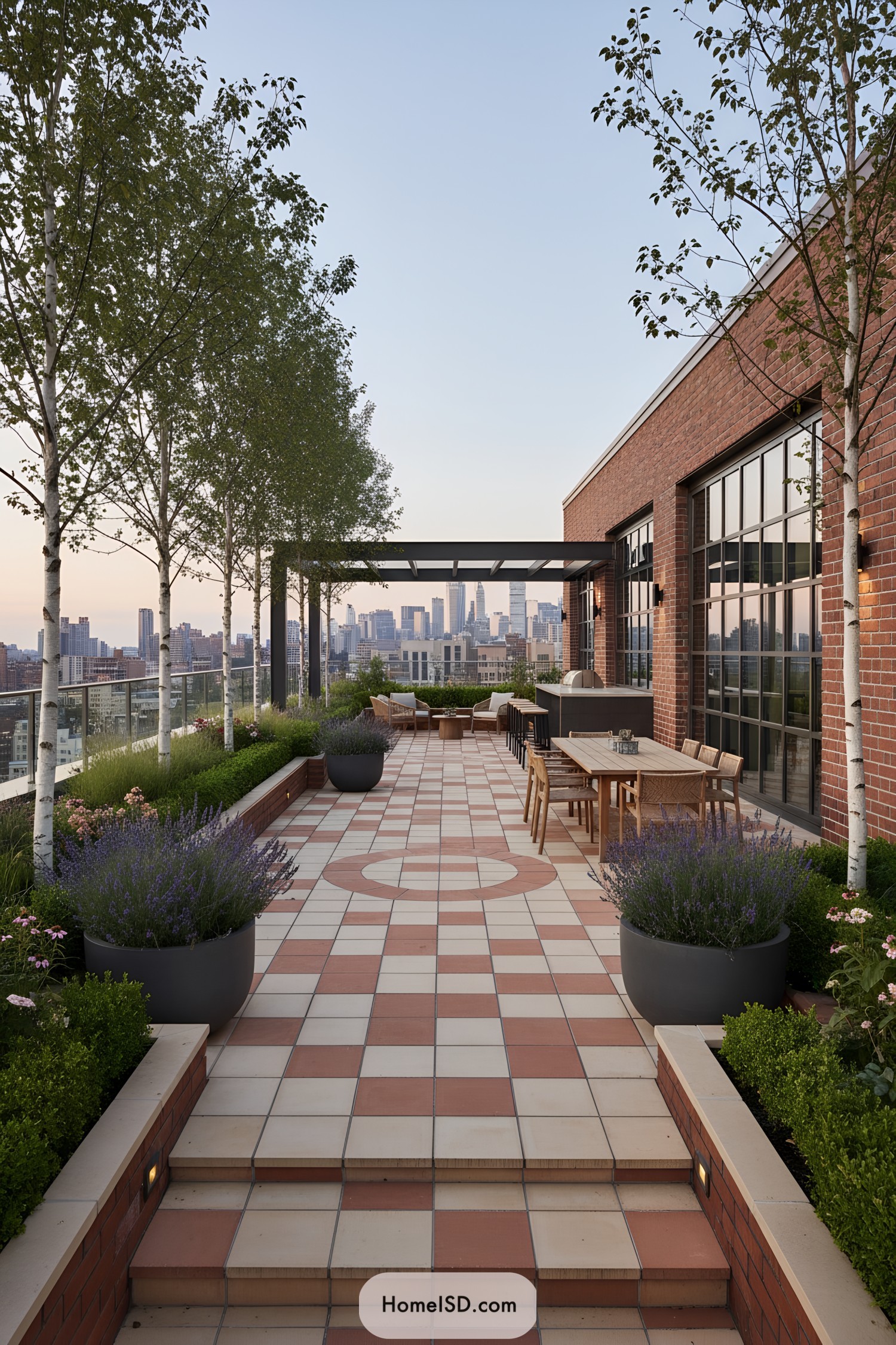 Rooftop terrace with checkered tiles and planters