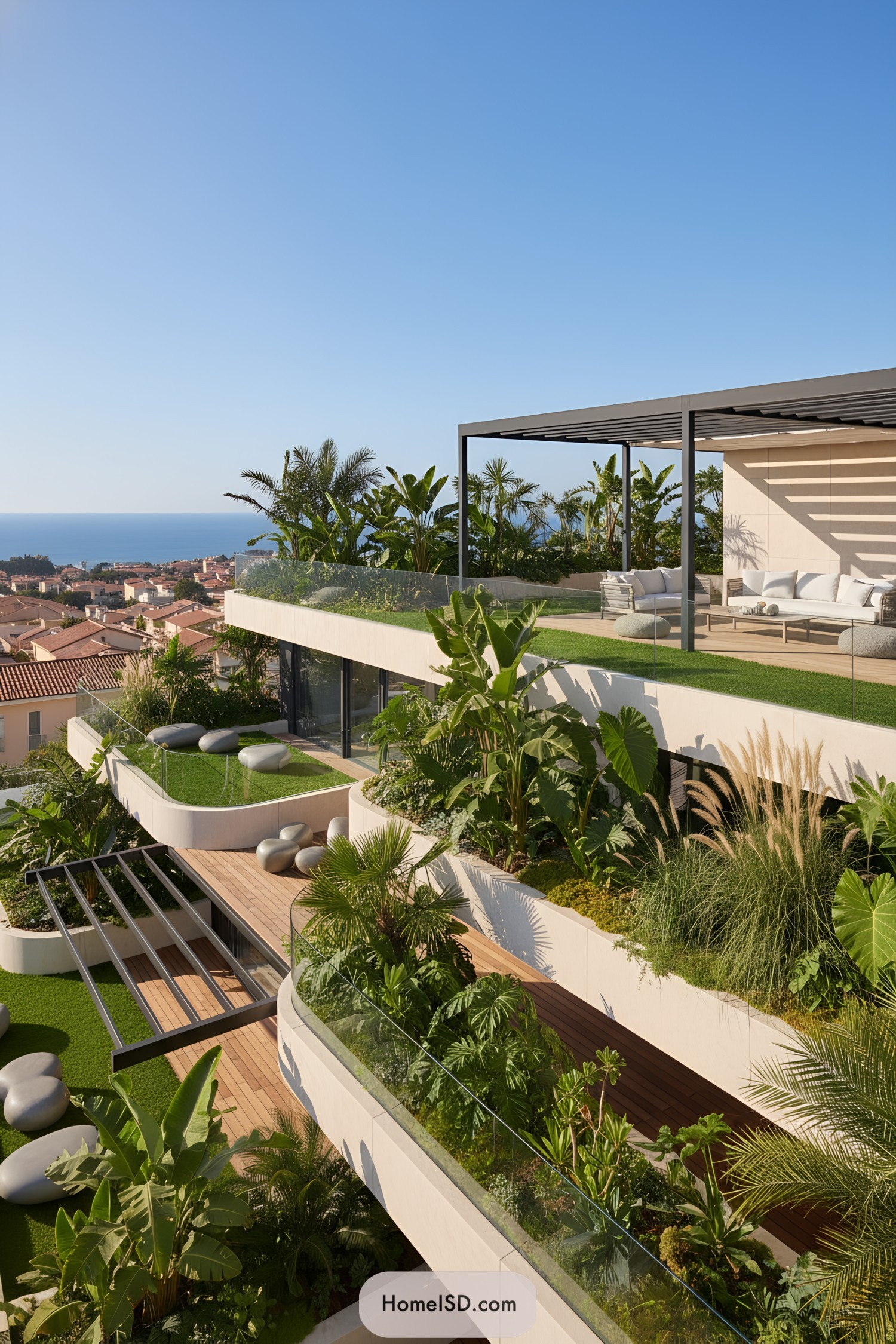Tiered rooftop garden with pergola seating