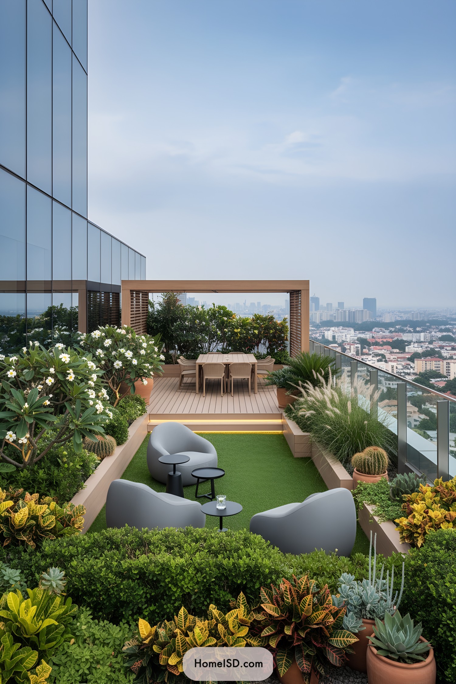 Modern rooftop garden with seating and pergola