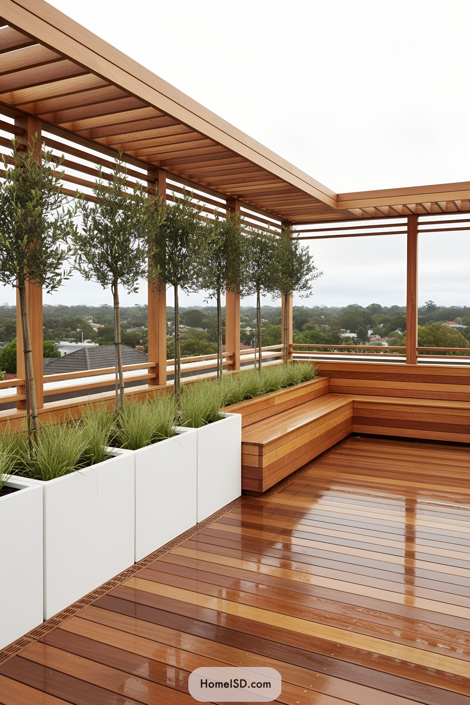 Sleek cedar pergola with planters and bench seating