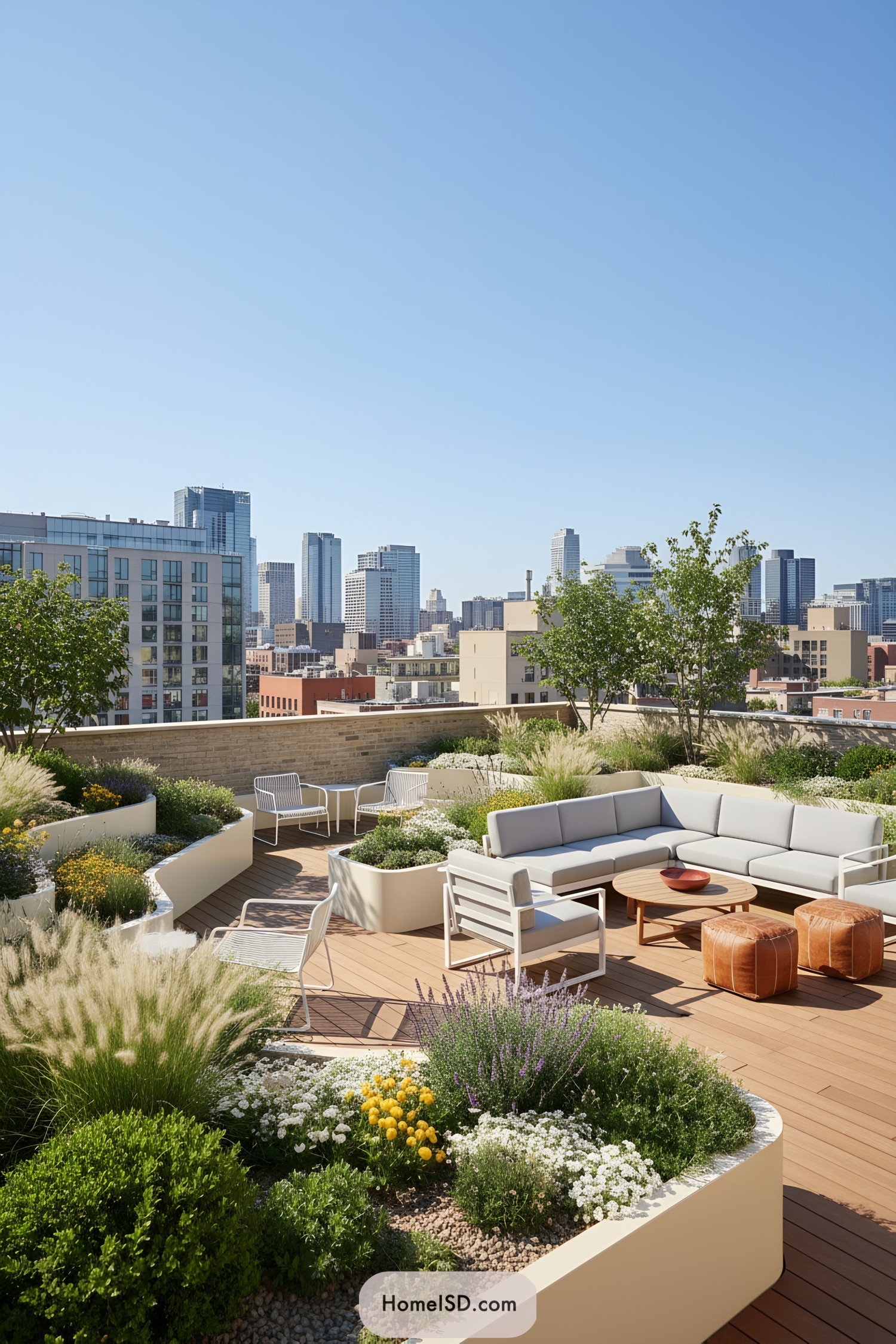 Modern rooftop lounge with curved planters and city views