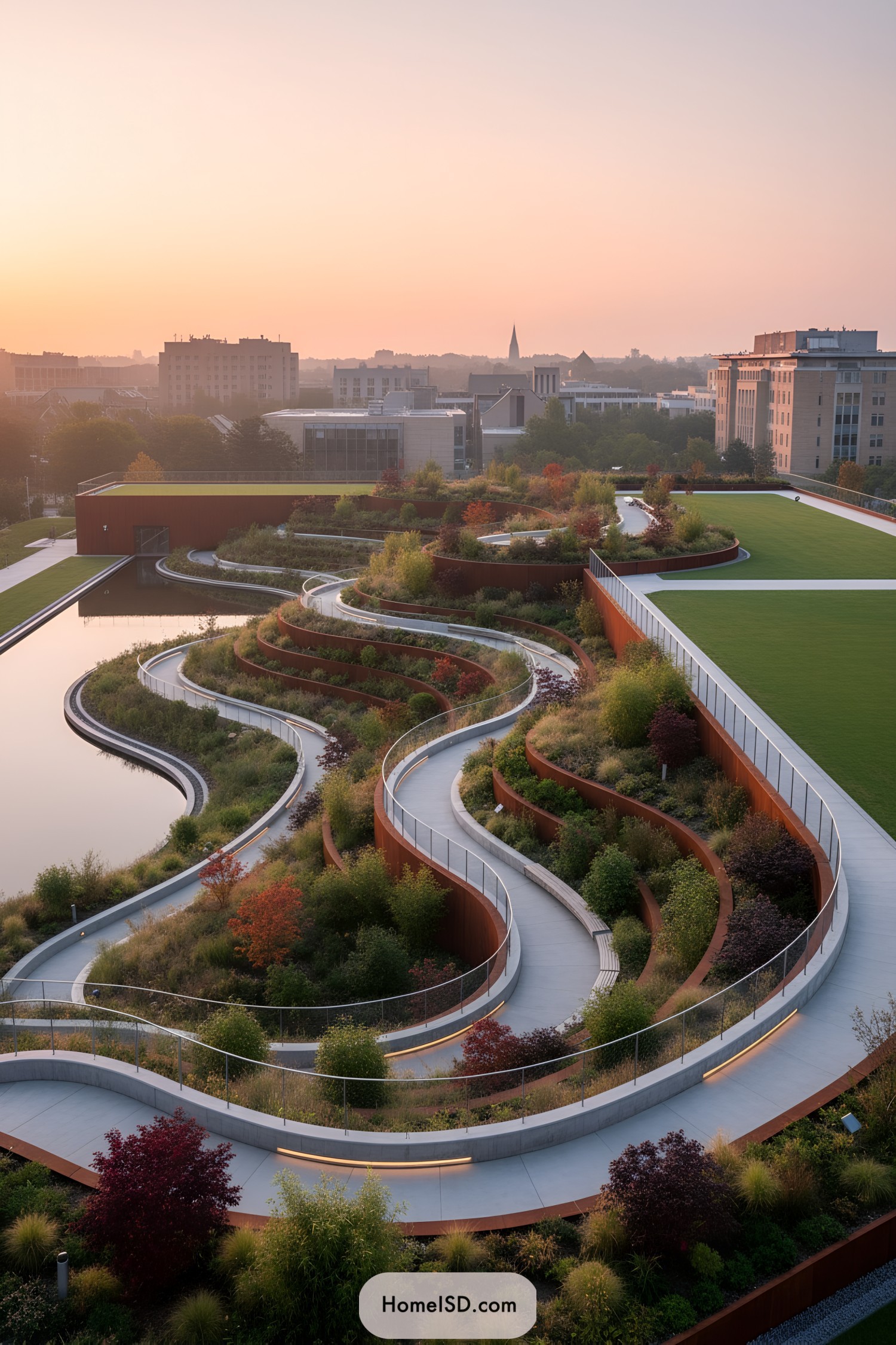 Curving rooftop paths amid layered greenery