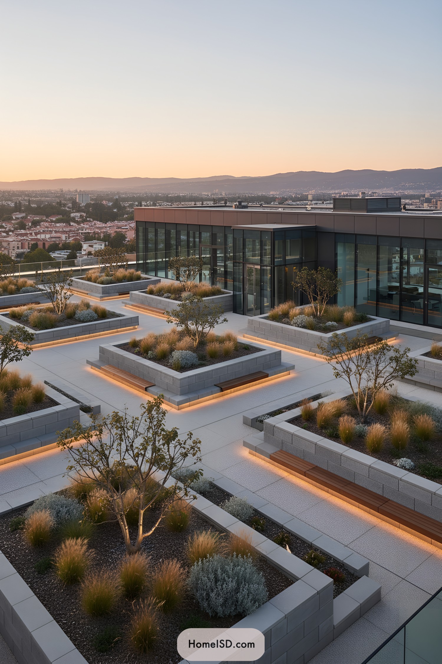 Modern rooftop garden with lit tiered planters
