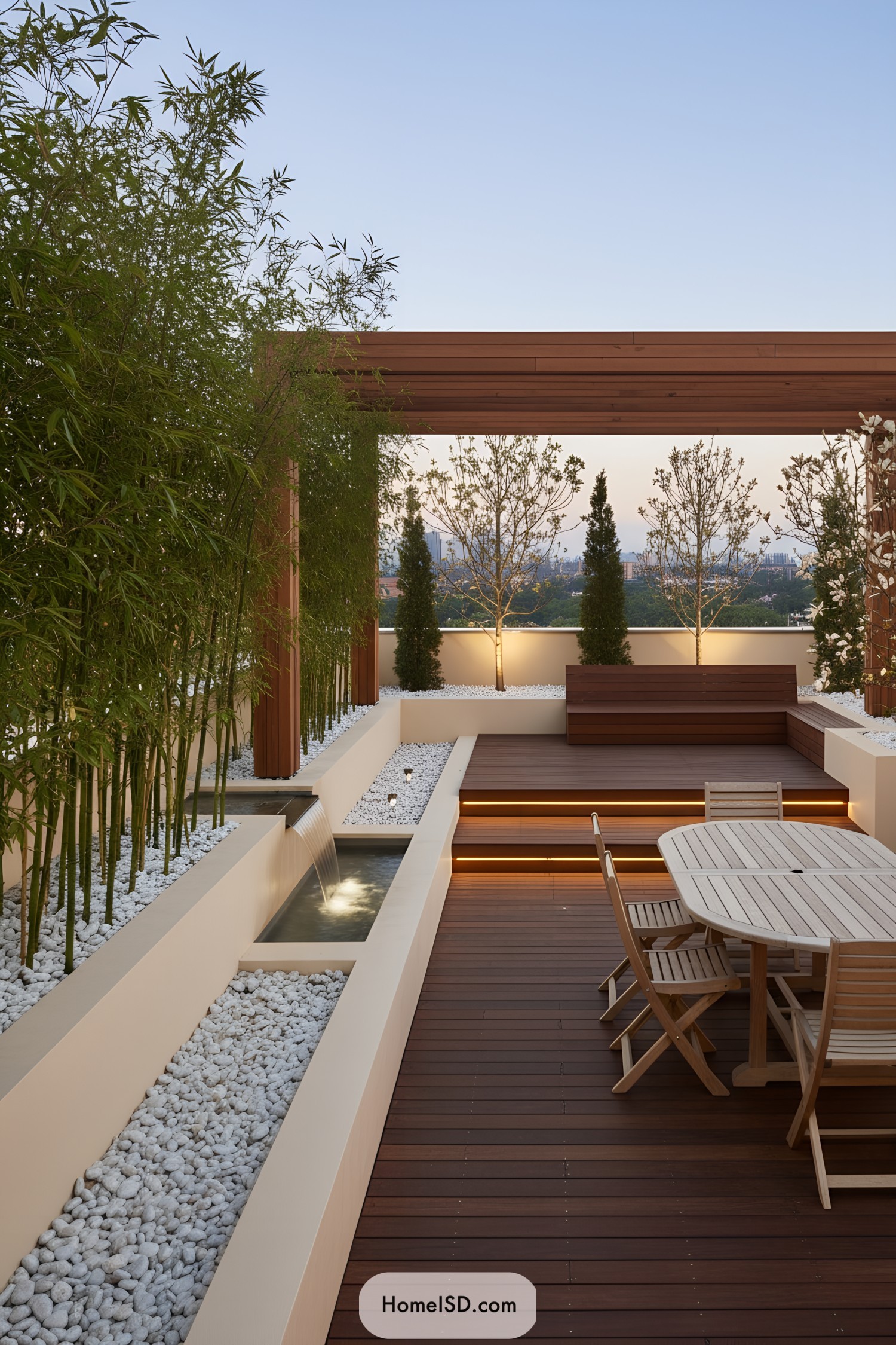 Modern rooftop with bamboo, wood pergola, and water feature