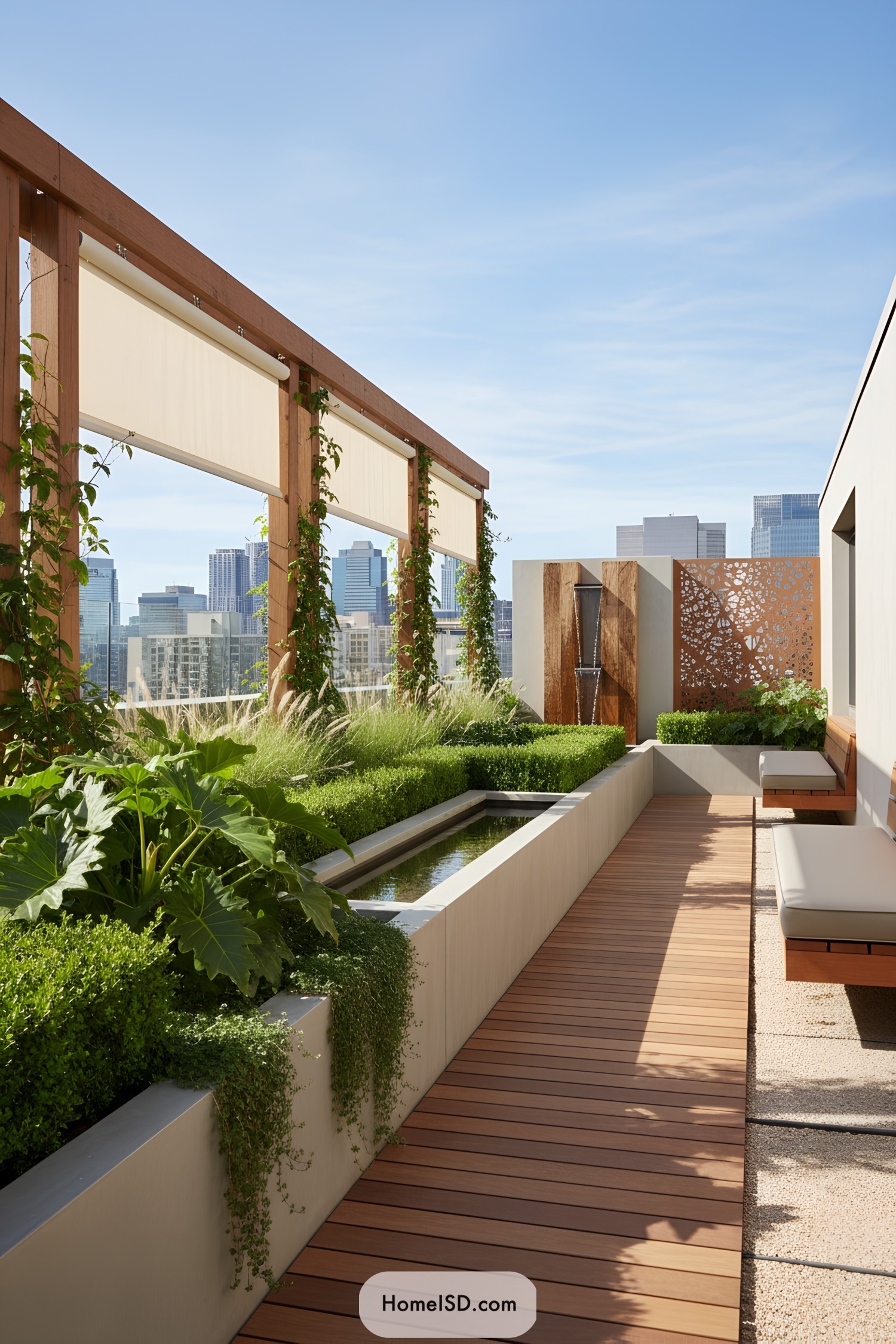 Modern rooftop garden with pergola trellis and water feature