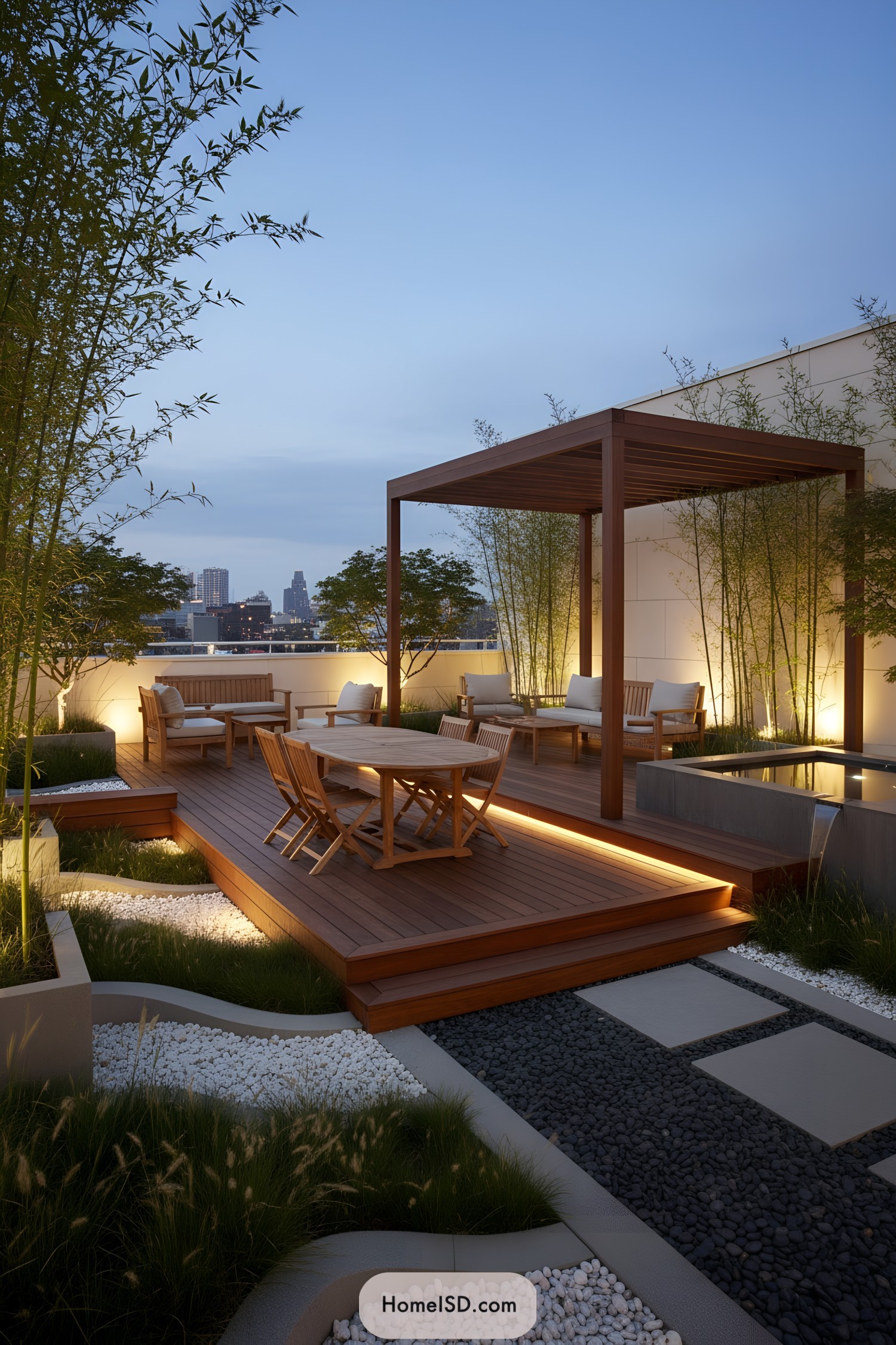 Modern rooftop deck with pergola seating