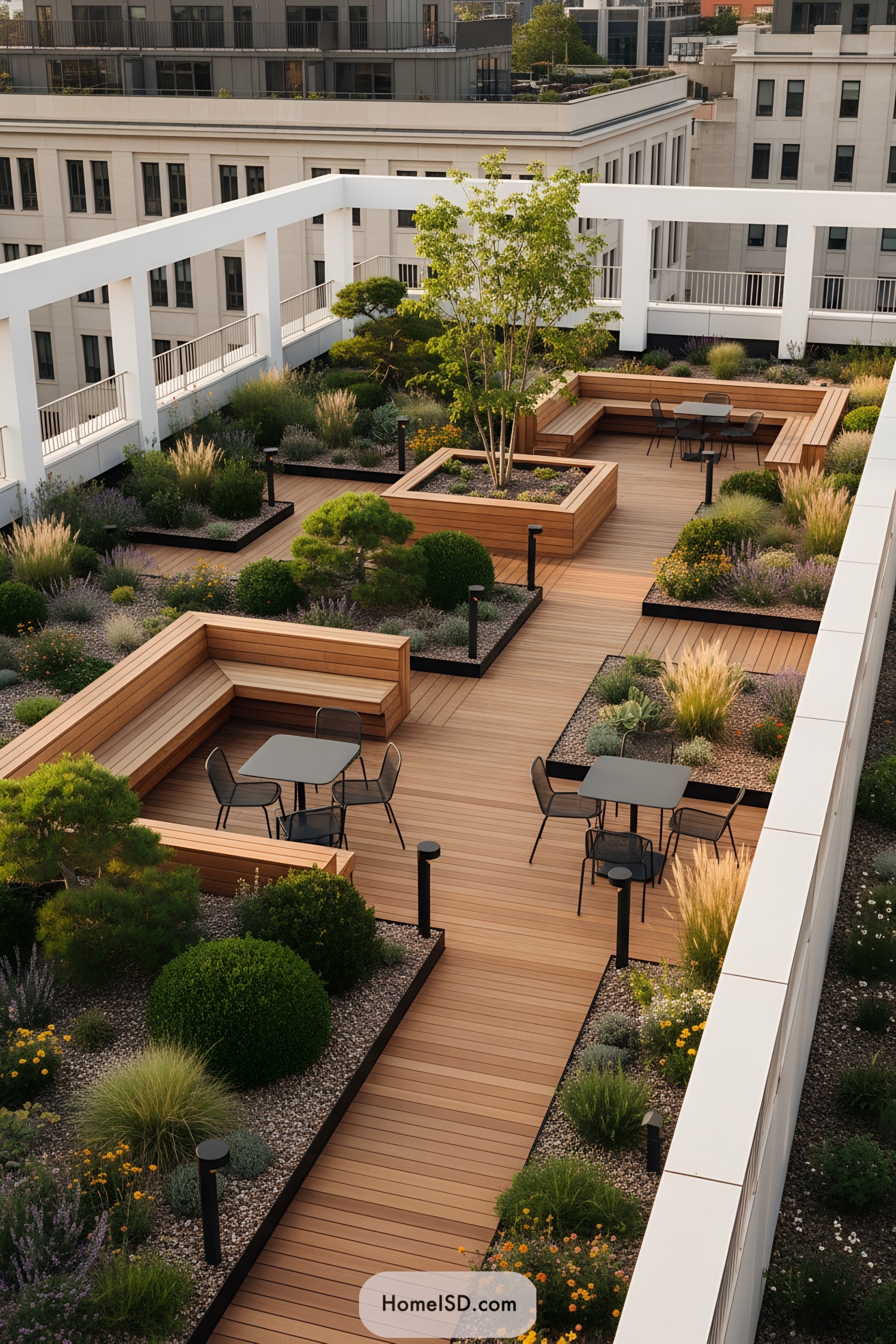 Modern rooftop garden with wood seating
