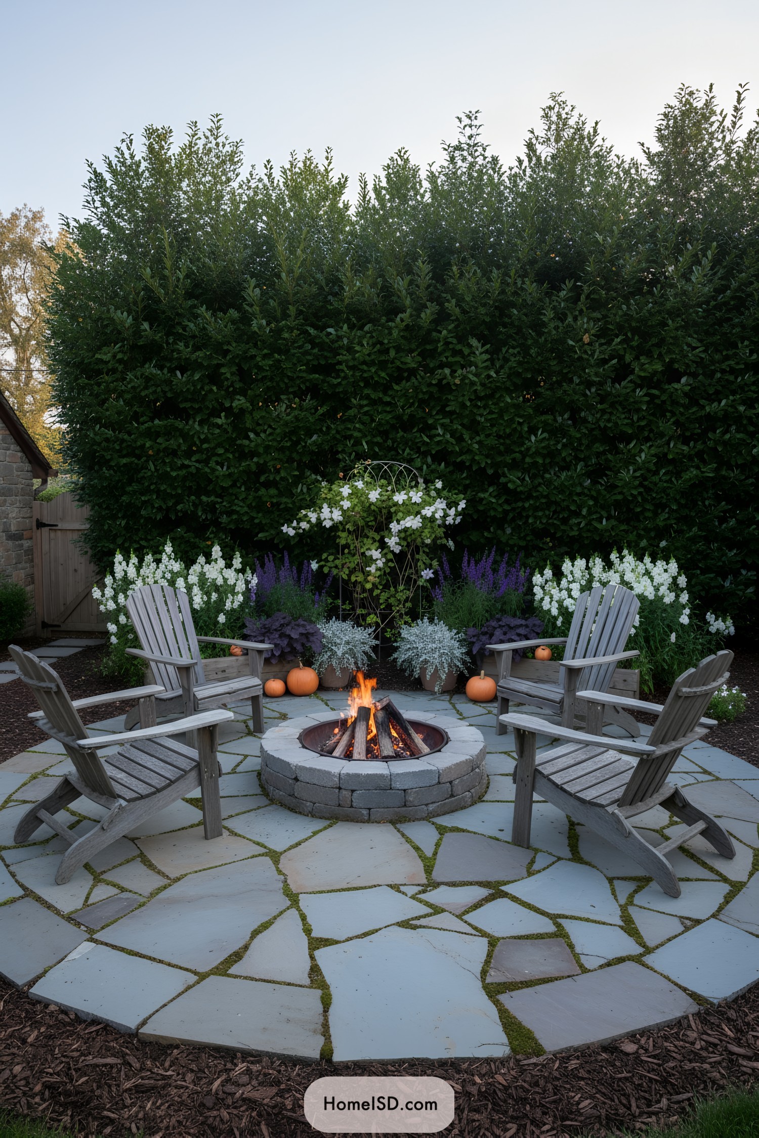 Cozy circular stone patio with fire pit, Adirondack chairs, and lush flower border