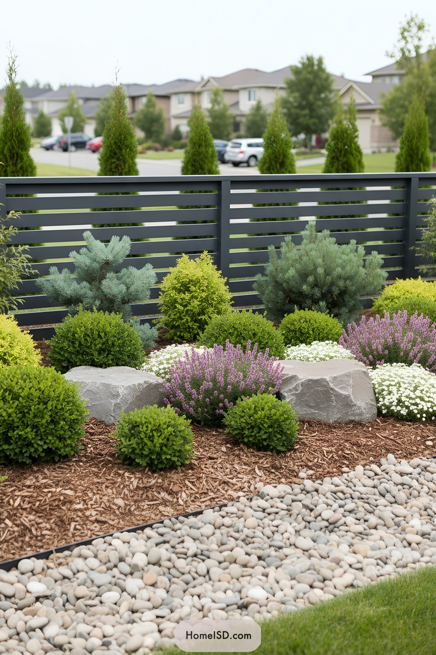 Layered front yard with shrubs, boulders, river rocks, and a modern slatted fence