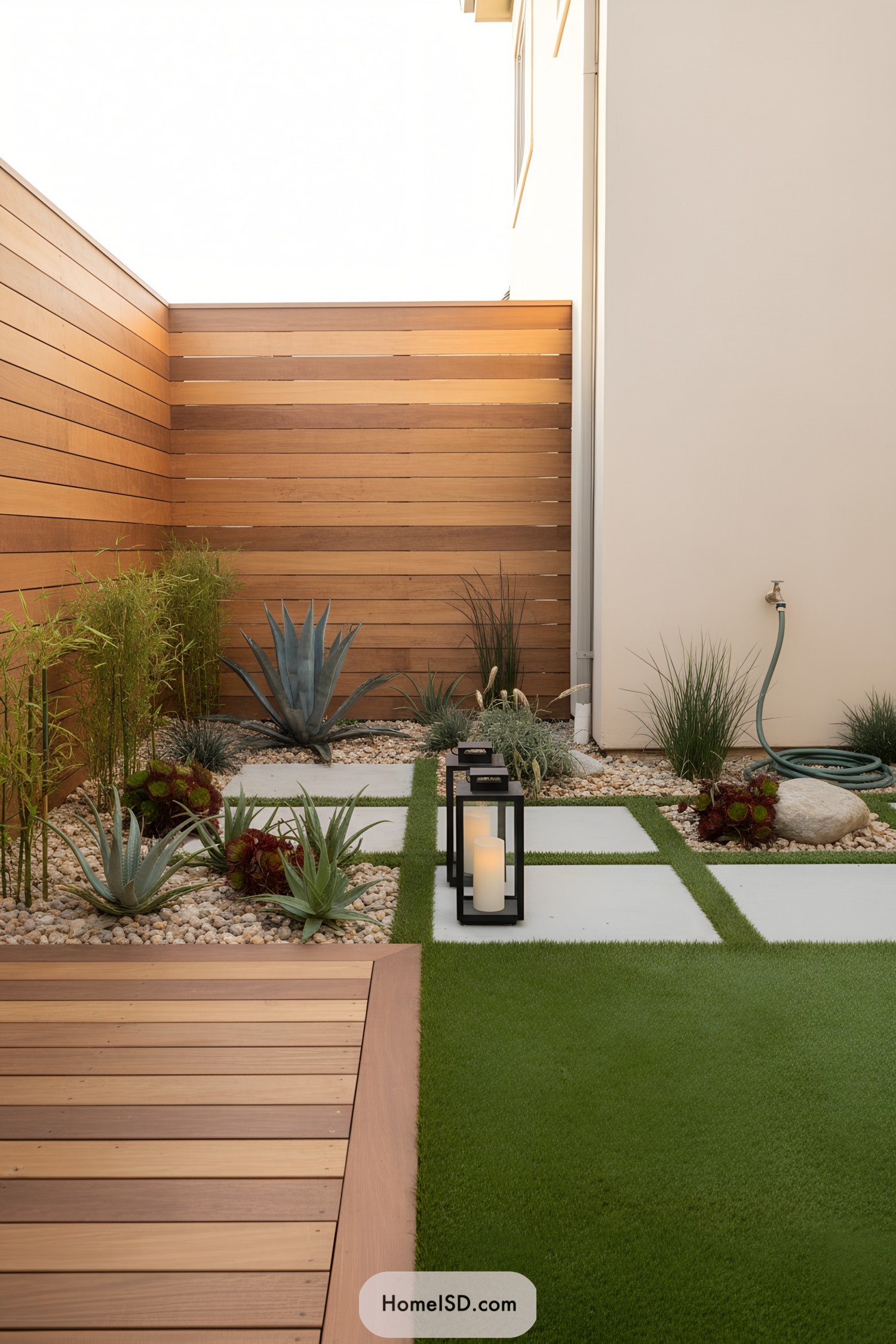 Small modern courtyard with grid pavers, succulents, and lanterns against a wood privacy fence