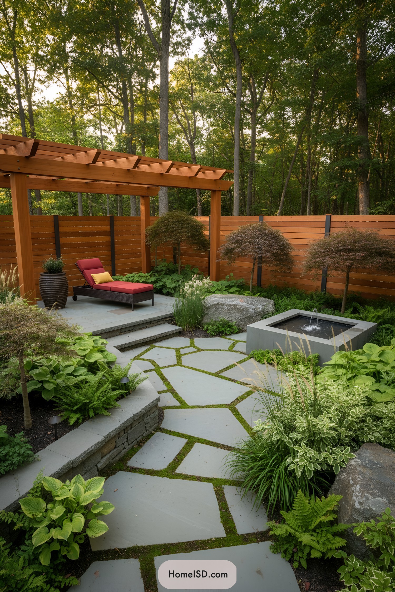 Modern backyard with a wooden pergola, geometric stone path with moss joints, lush greenery, and a square fountain