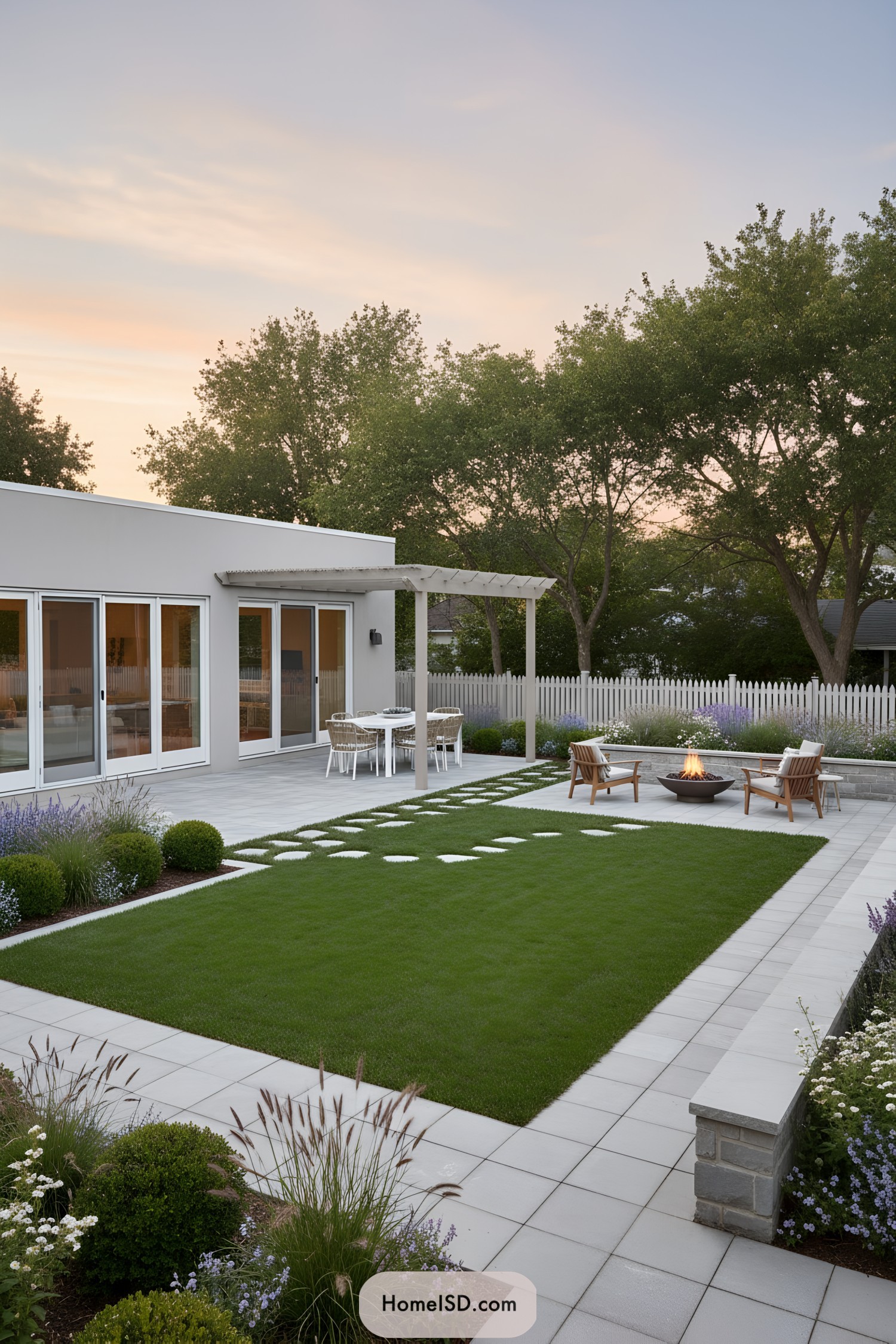 Contemporary backyard with tiled patio lawn and fire pit