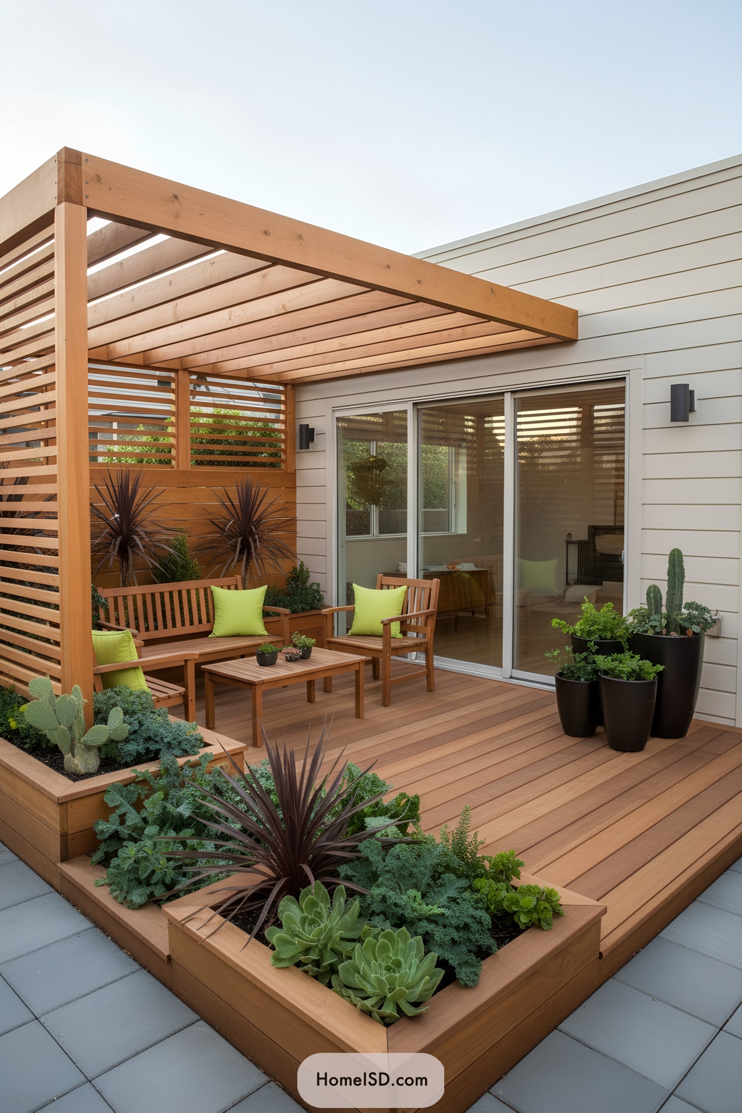 Modern wooden patio with pergola and planters