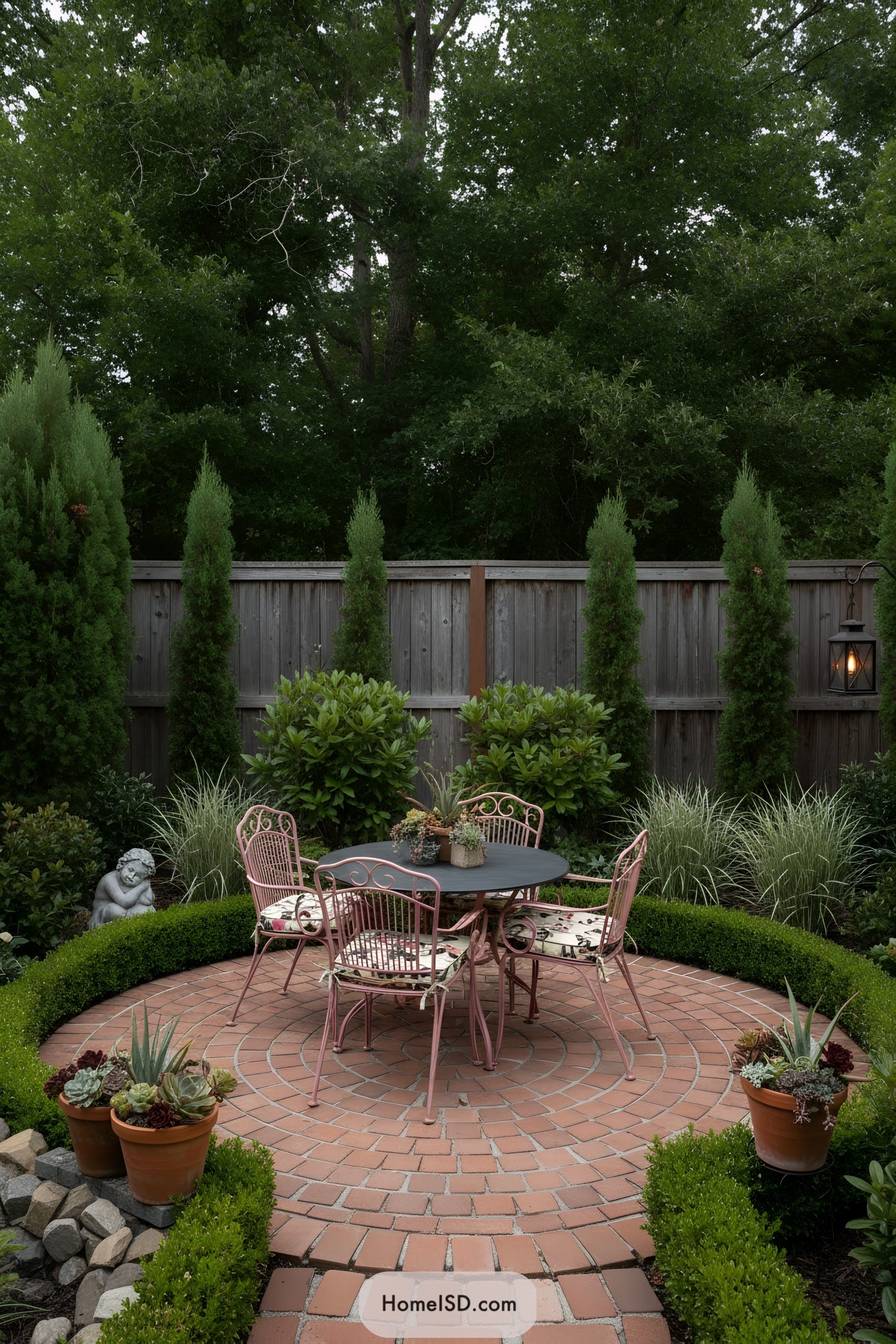 Circular brick patio with pink bistro set