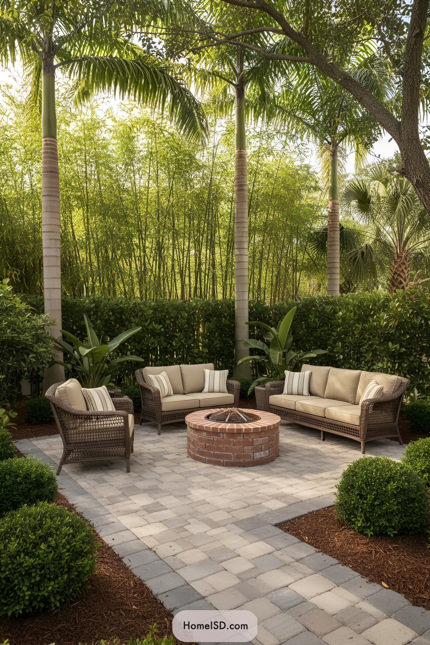 Tropical patio with wicker seating around a brick firepit