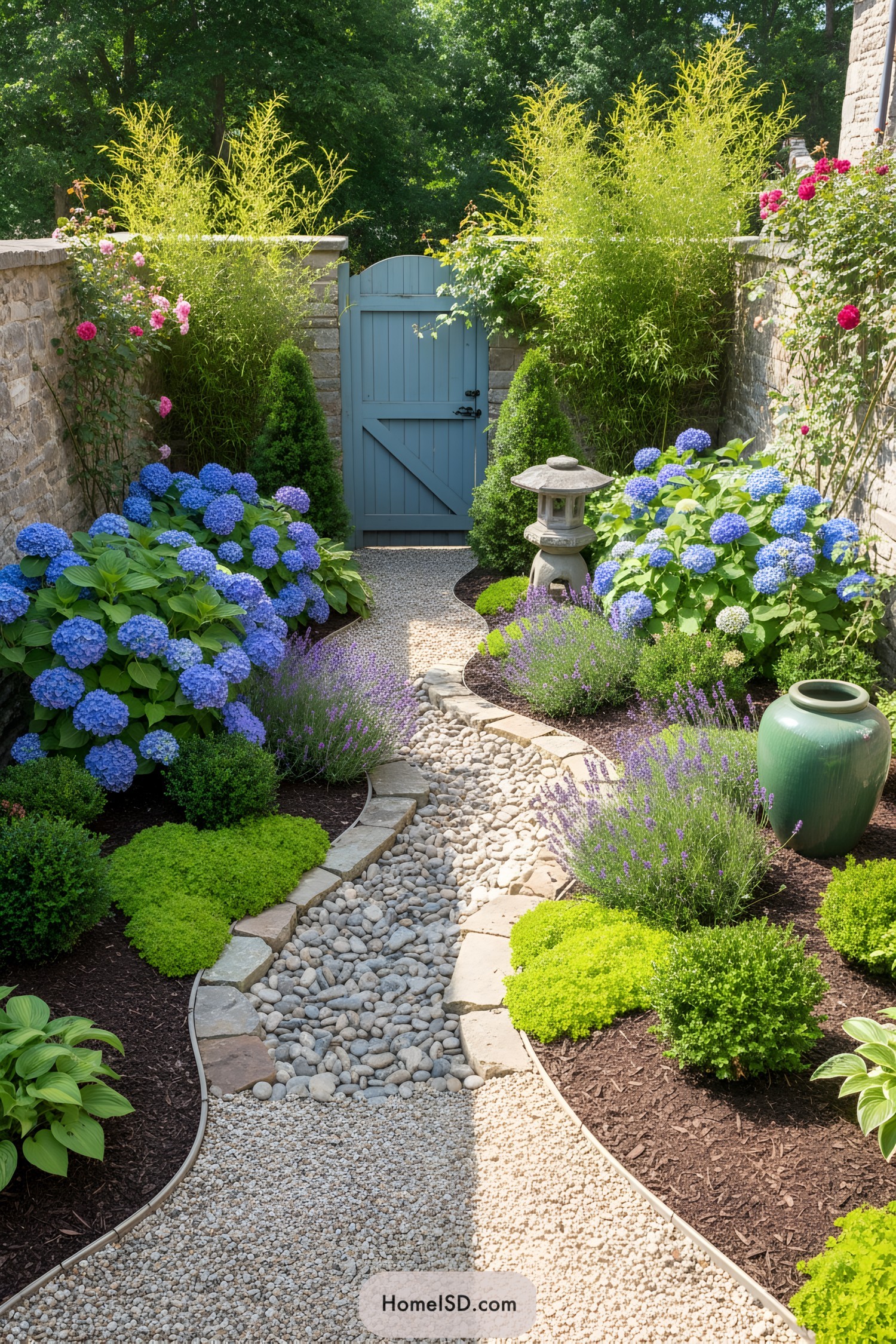 Narrow courtyard garden with gravel path, blue gate, and lush hydrangeas