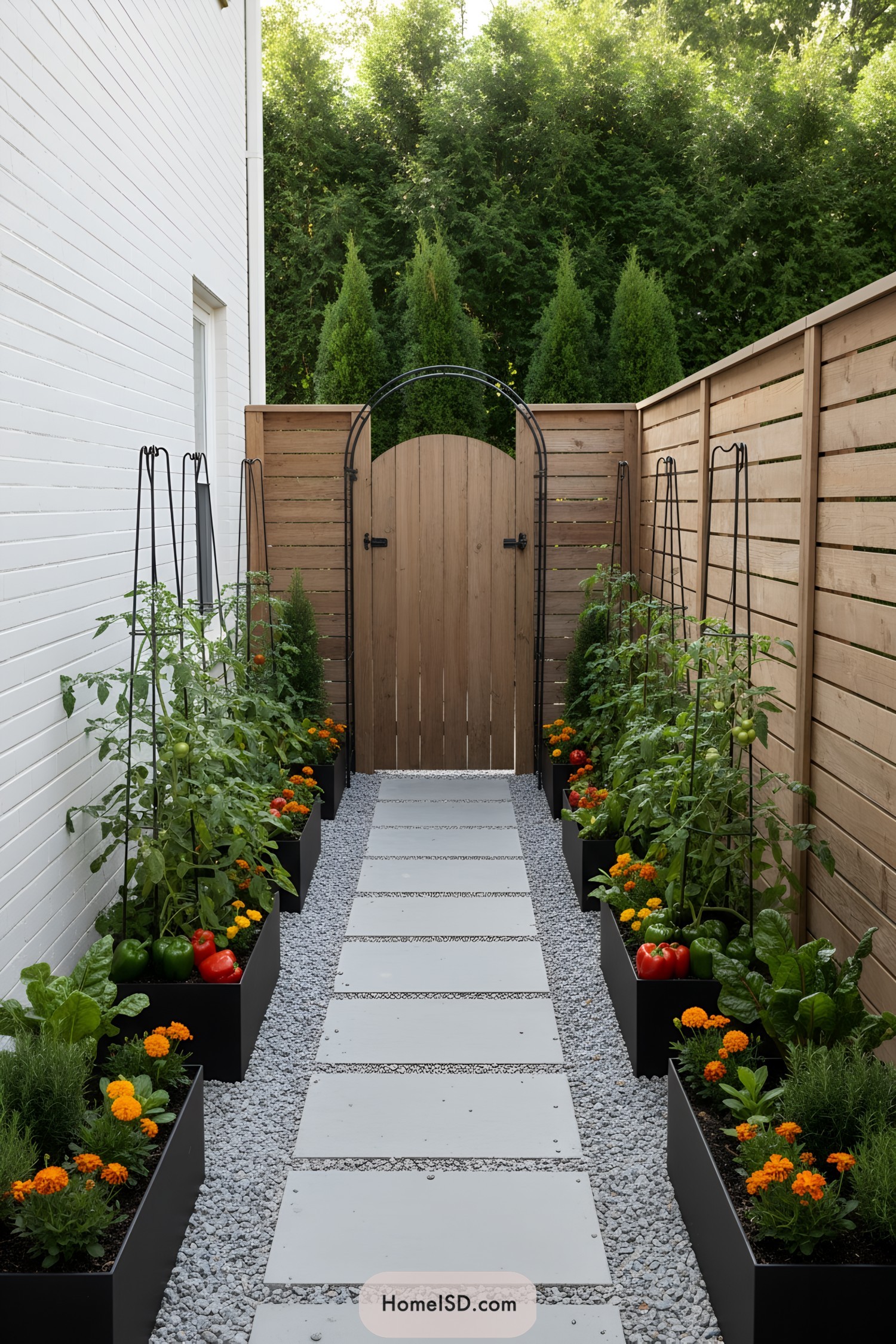Narrow side yard with symmetrical raised vegetable beds along a gravel path leading to a wooden gate and metal arch