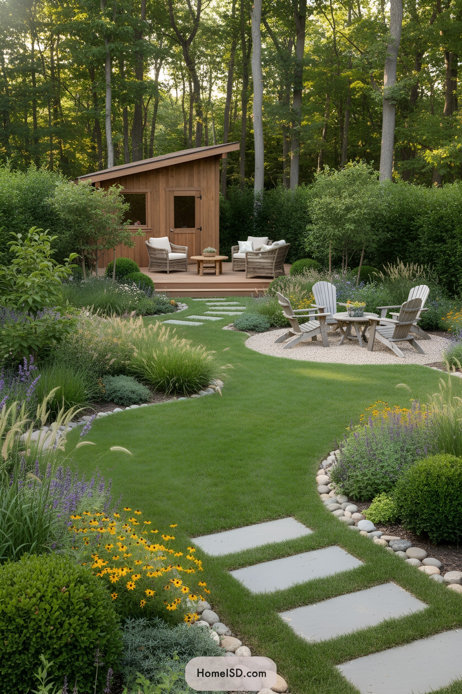 Curved lawn garden with fire pit and shed