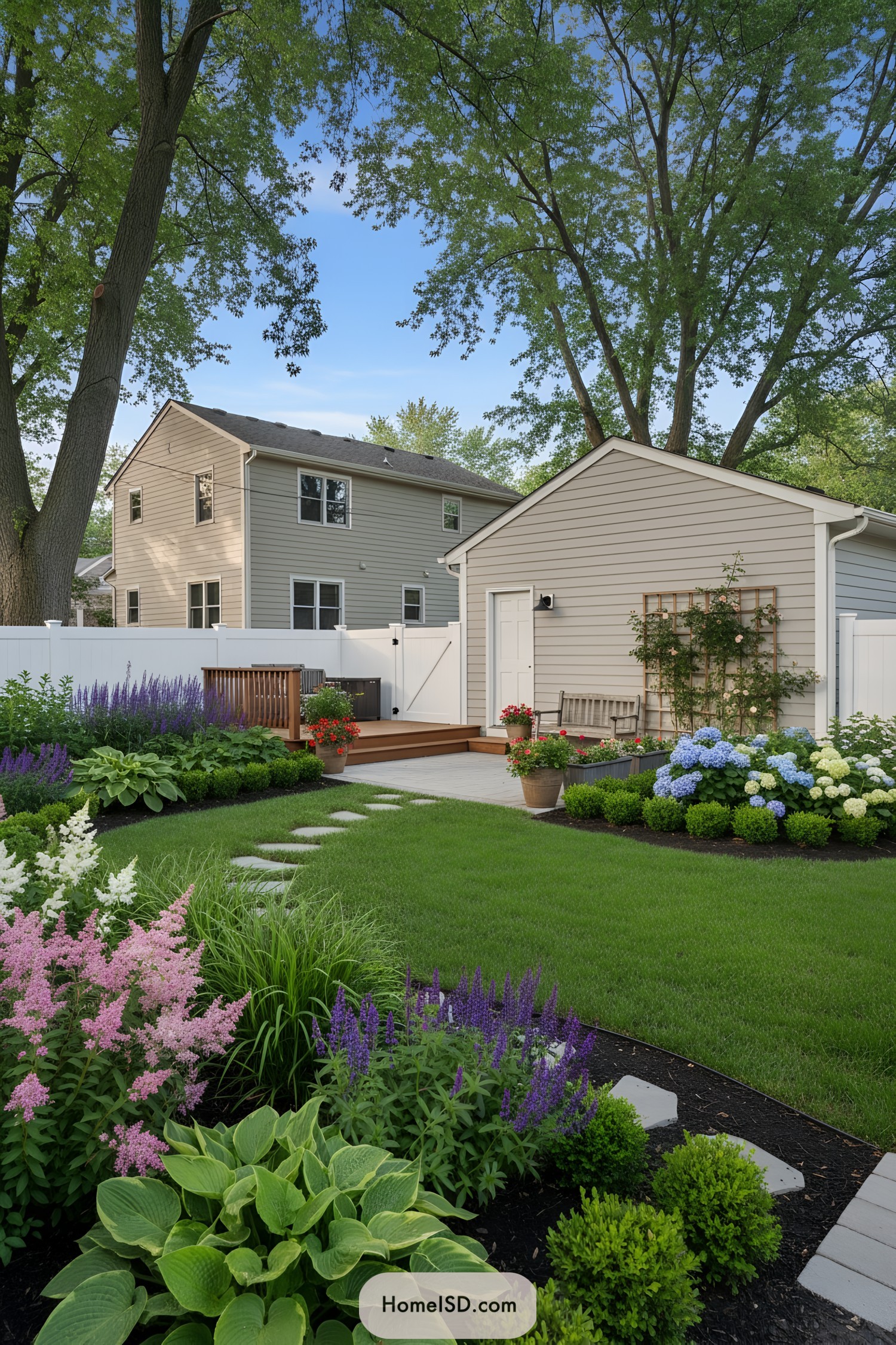 Lush suburban backyard with curved flower beds, stepping stone path, and small deck