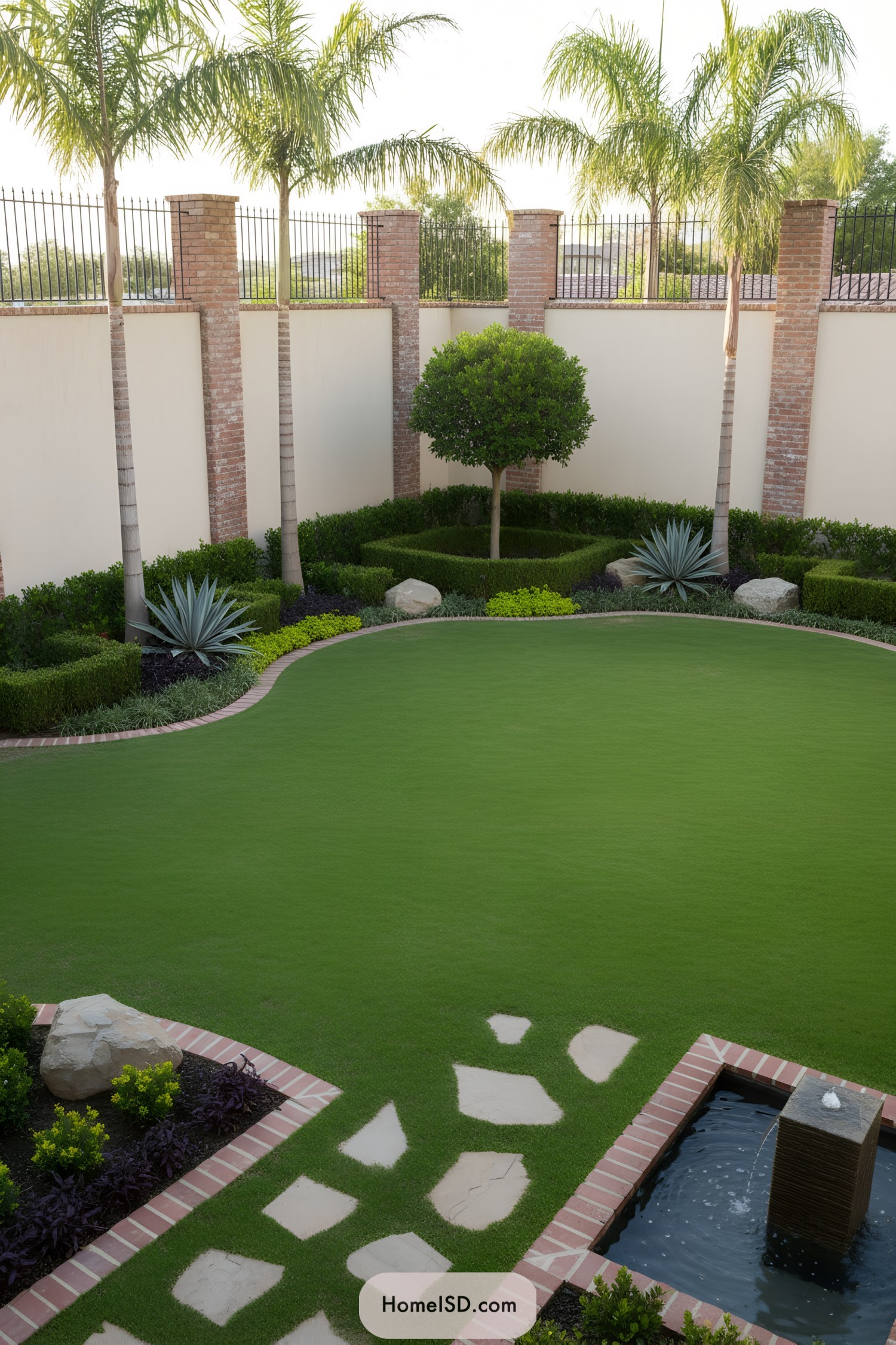 Manicured walled yard with palms, curving lawn, hedges, and a small brick-edged fountain