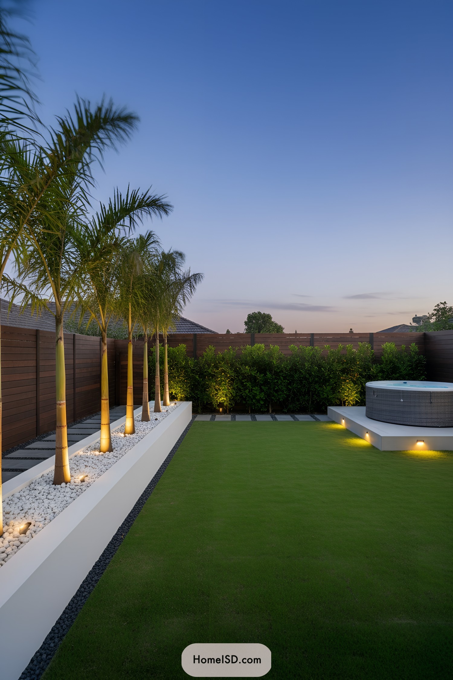 Modern backyard with palm row, lawn, and raised hot tub