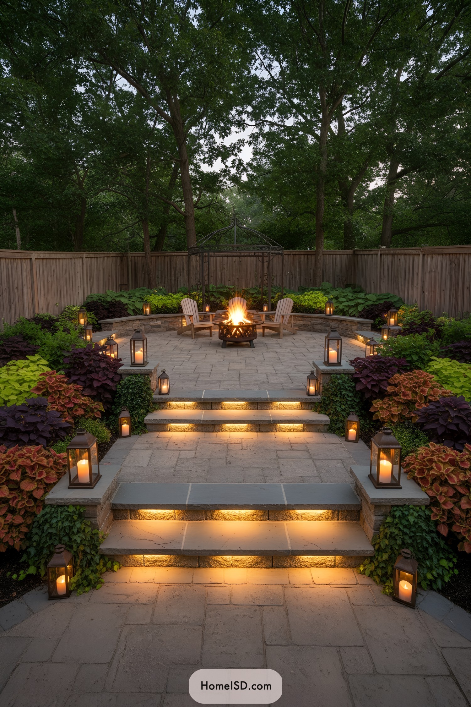 Cozy tiered patio with lantern-lit steps leading to a central fire pit surrounded by lush plantings