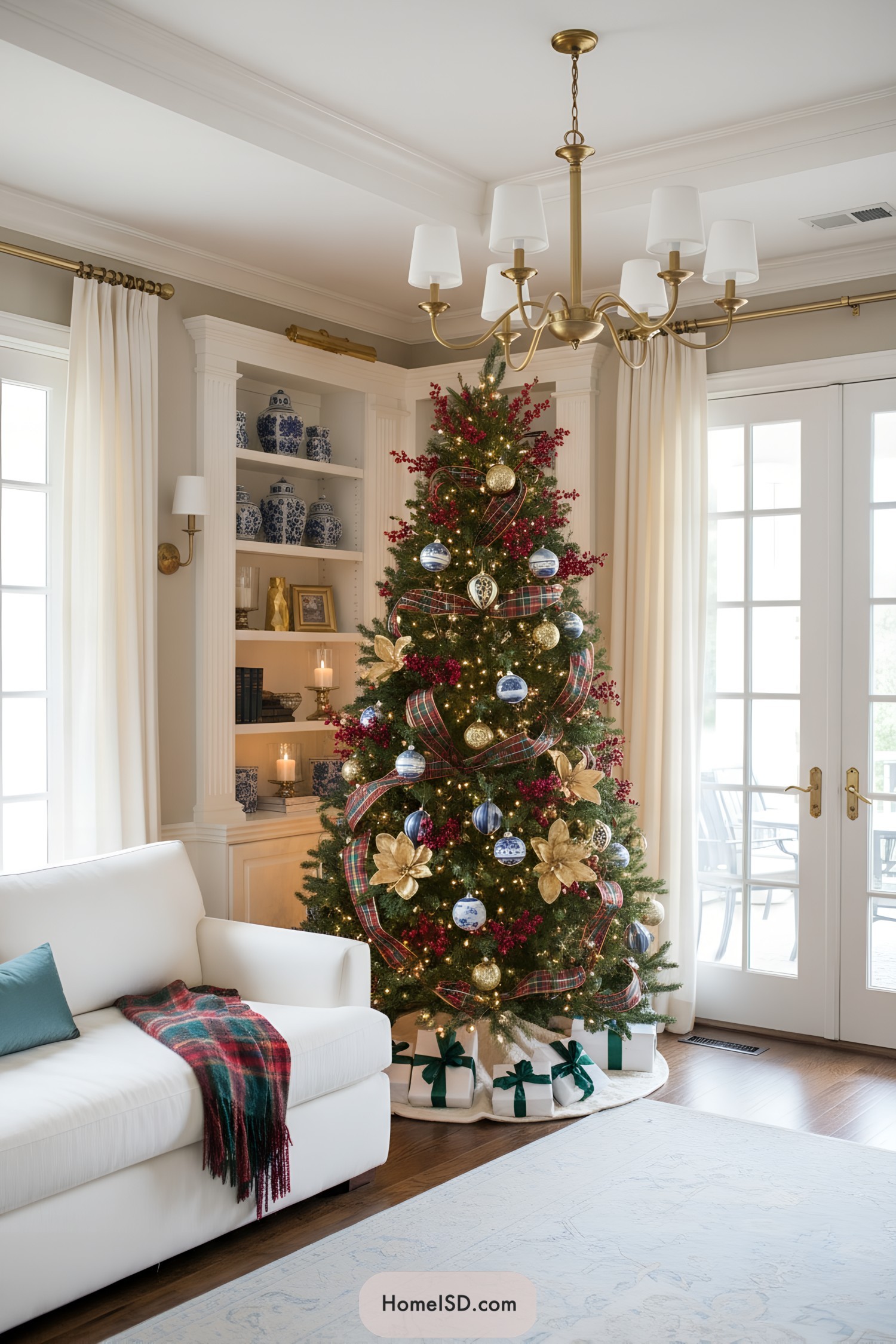 Plaid-ribboned tree with blue-and-white ornaments and gold accents