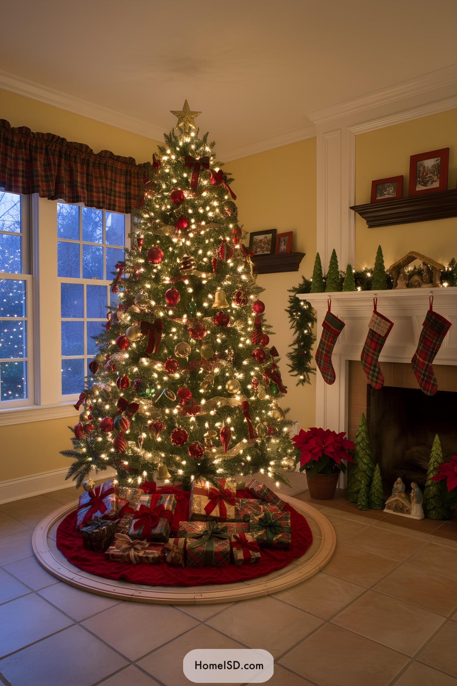 Lit evergreen with red ornaments, plaid ribbons, and gifts by a fireplace