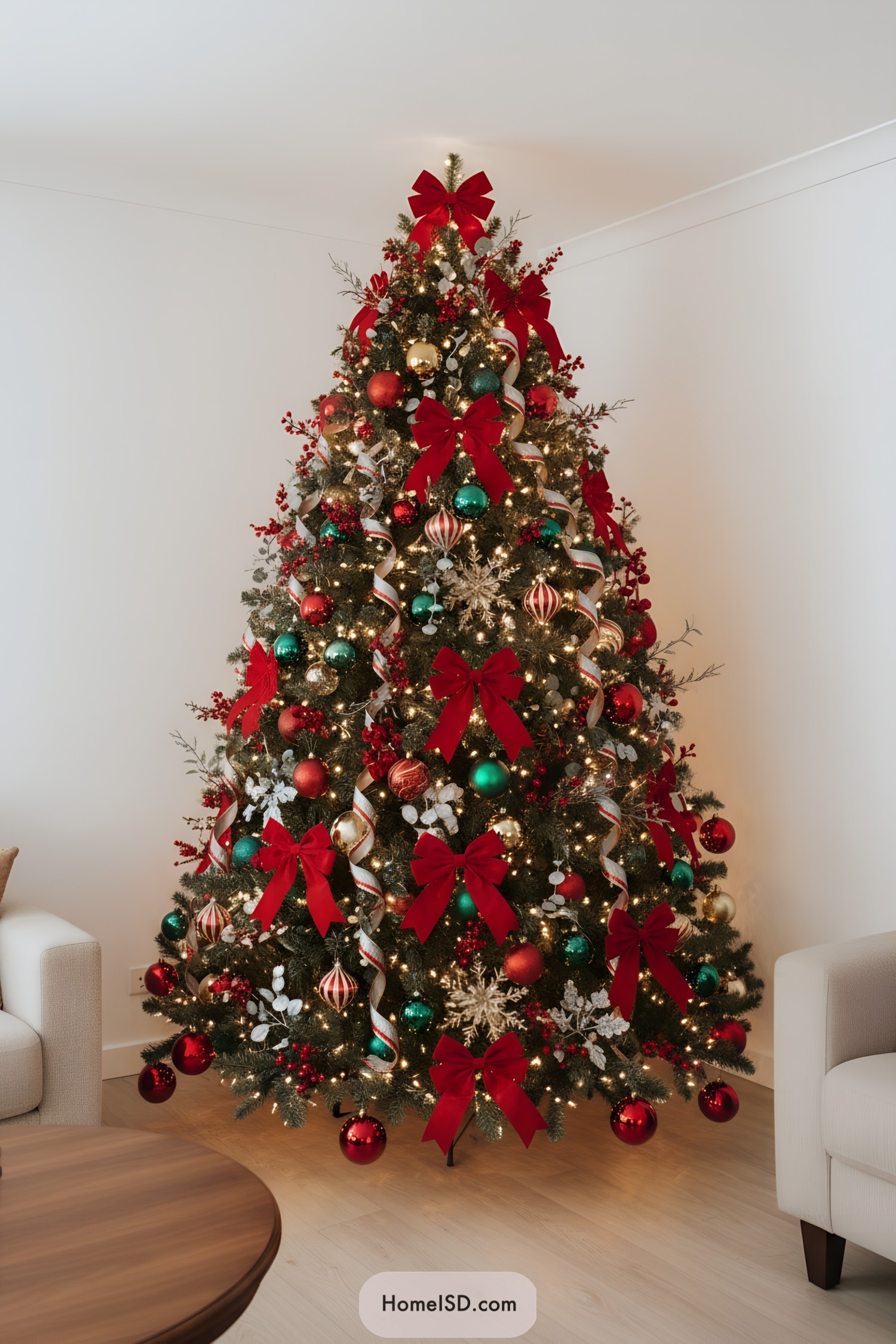 Tall Christmas tree with red bows, multicolor ornaments, and glowing lights