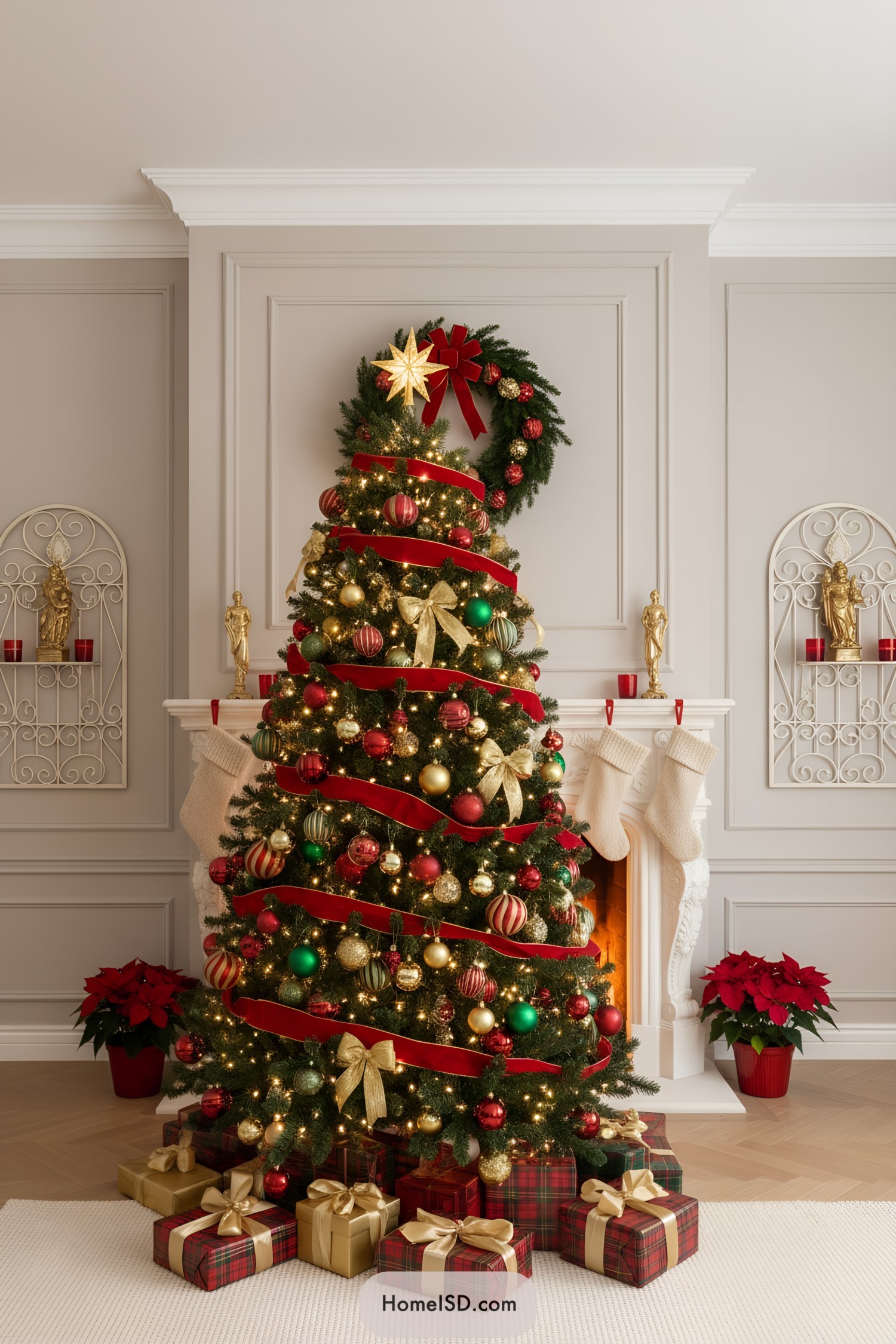 Classic tree with red ribbon garland, gold bows, and mixed baubles before a fireplace
