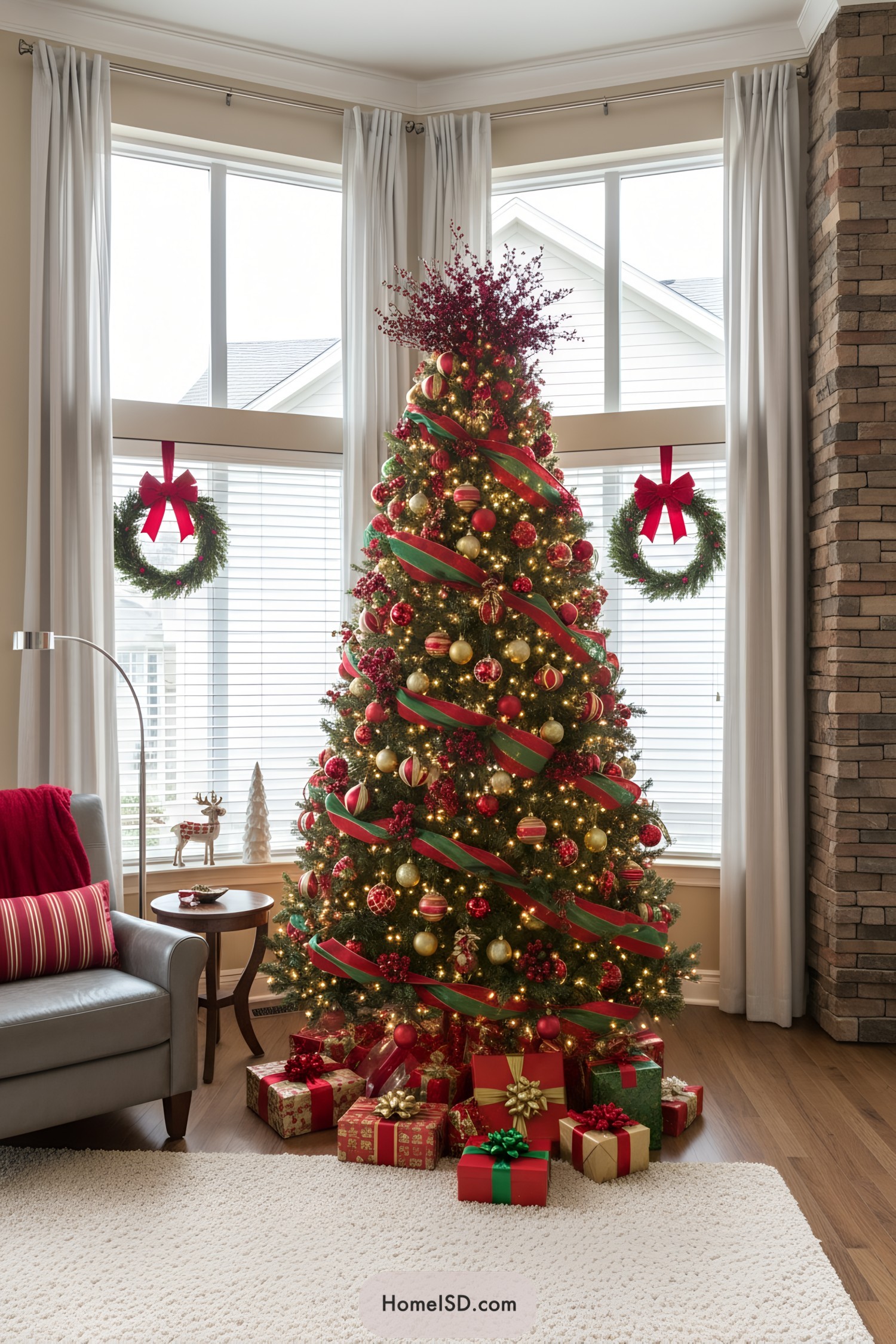 Tall Christmas tree with red and gold ornaments, green-and-red ribbon, and sparkling lights