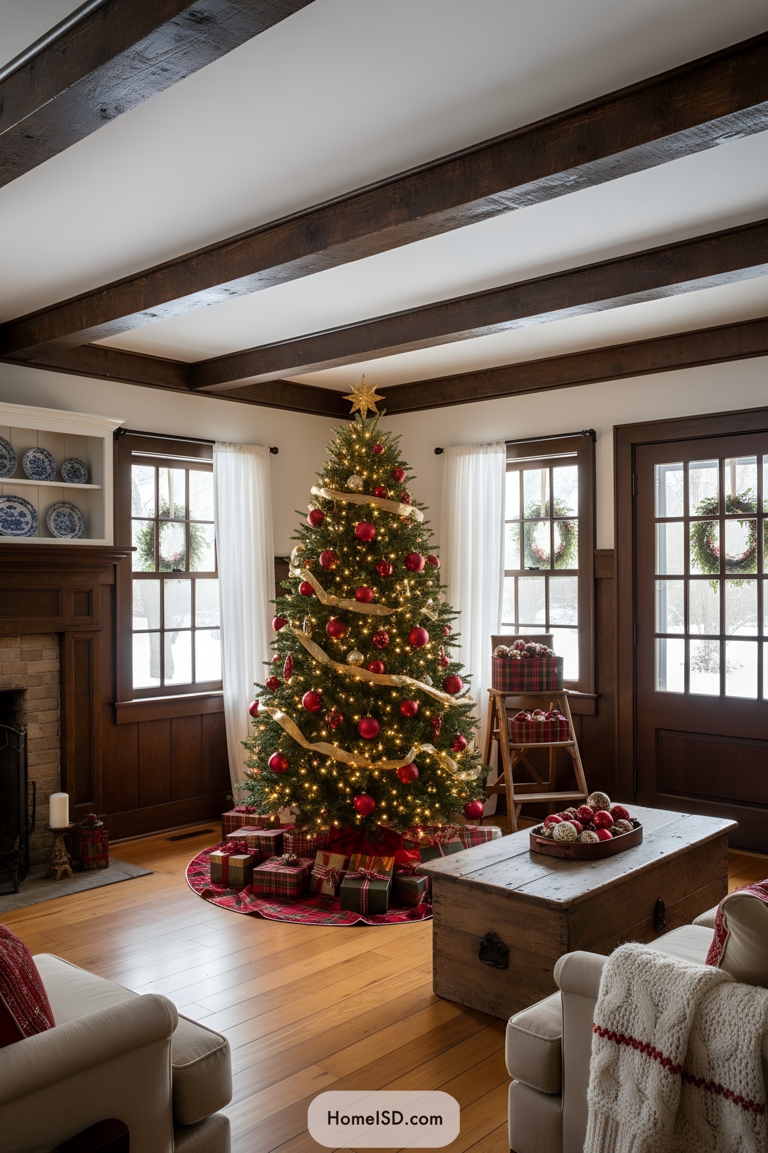 Cozy living room tree with red ornaments and gold ribbon