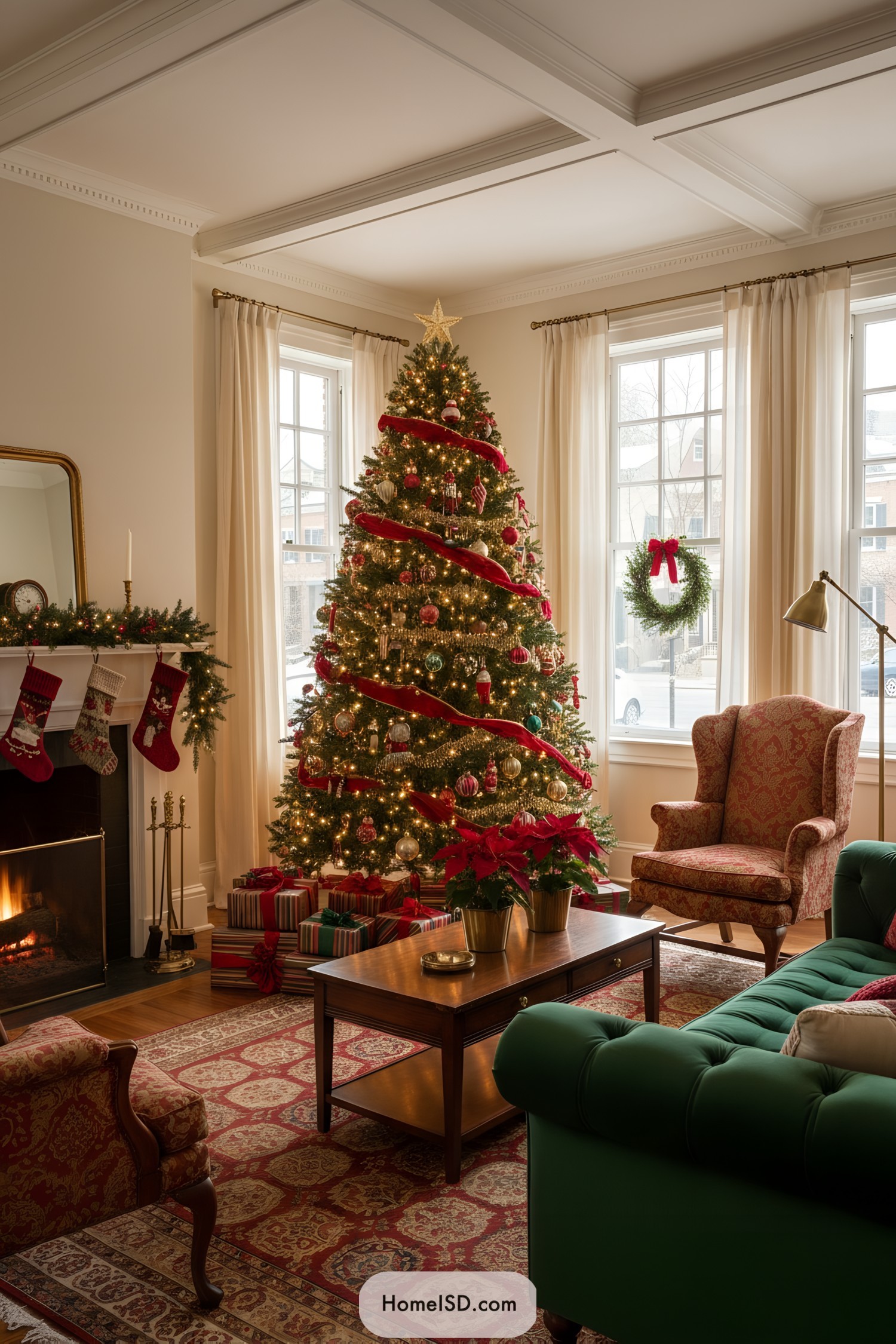 Traditional Christmas tree with red ribbon, gold ornaments, and twinkling lights beside a classic fireplace