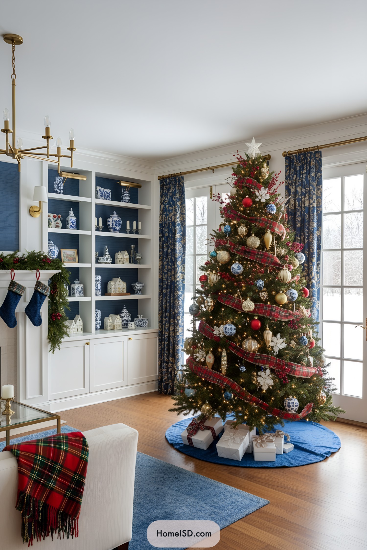 Christmas tree with tartan ribbon and blue-gold ornaments